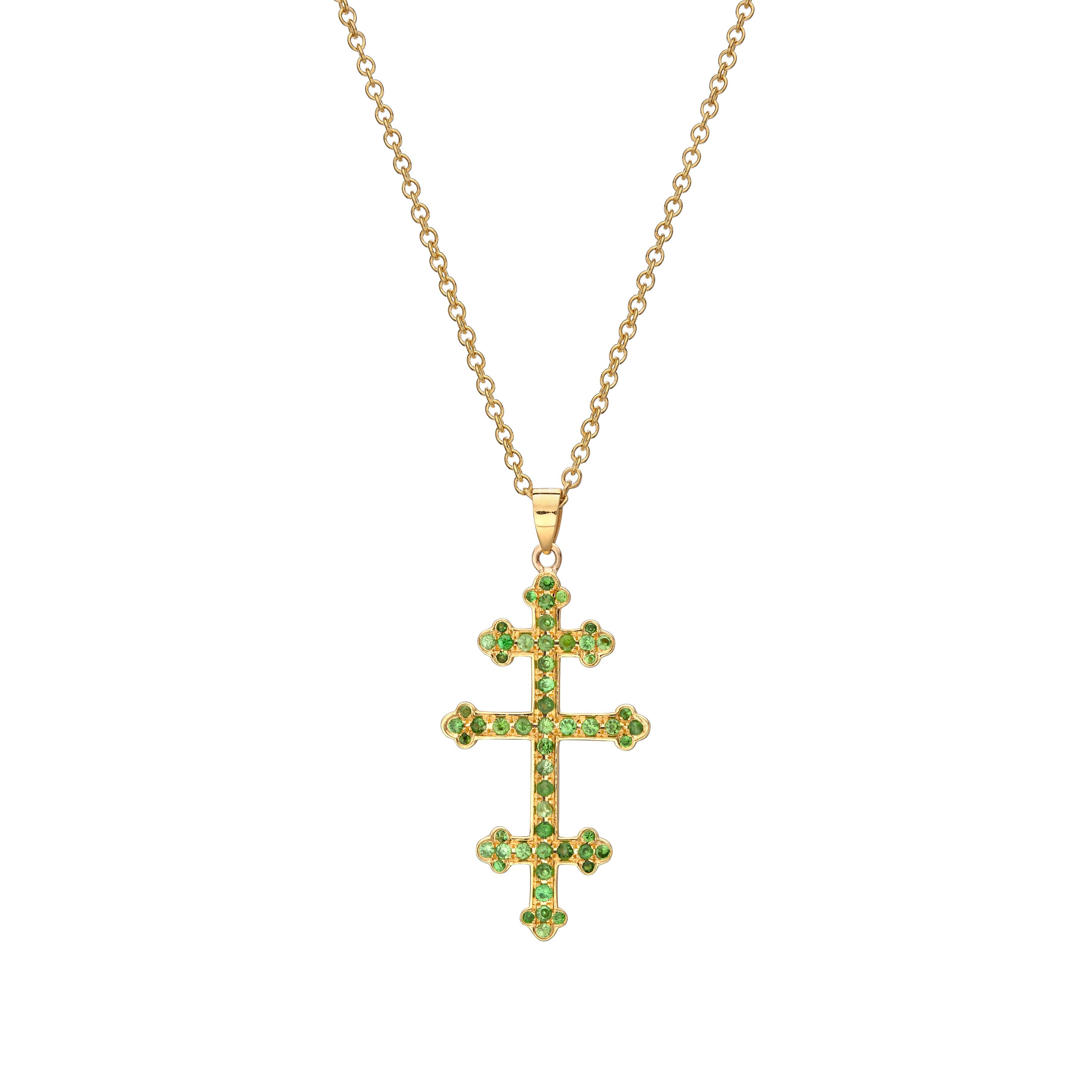 Pope's Cross Anhänger Halskette 18Kt Gelbgold mit grünem Tzavorit Granat