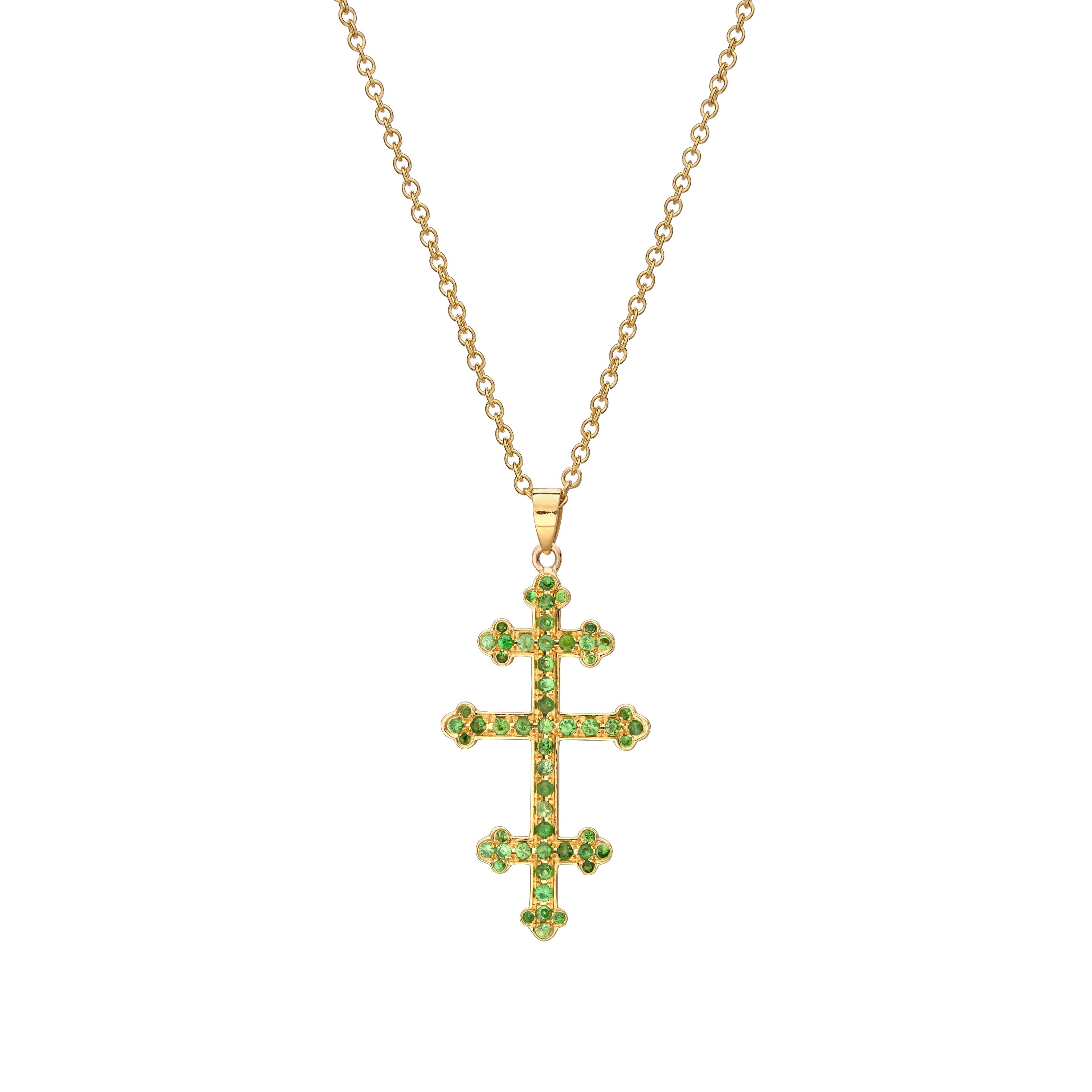 Collier pendentif croix de pape en or jaune 18 carats avec grenat Tzavorite vert 