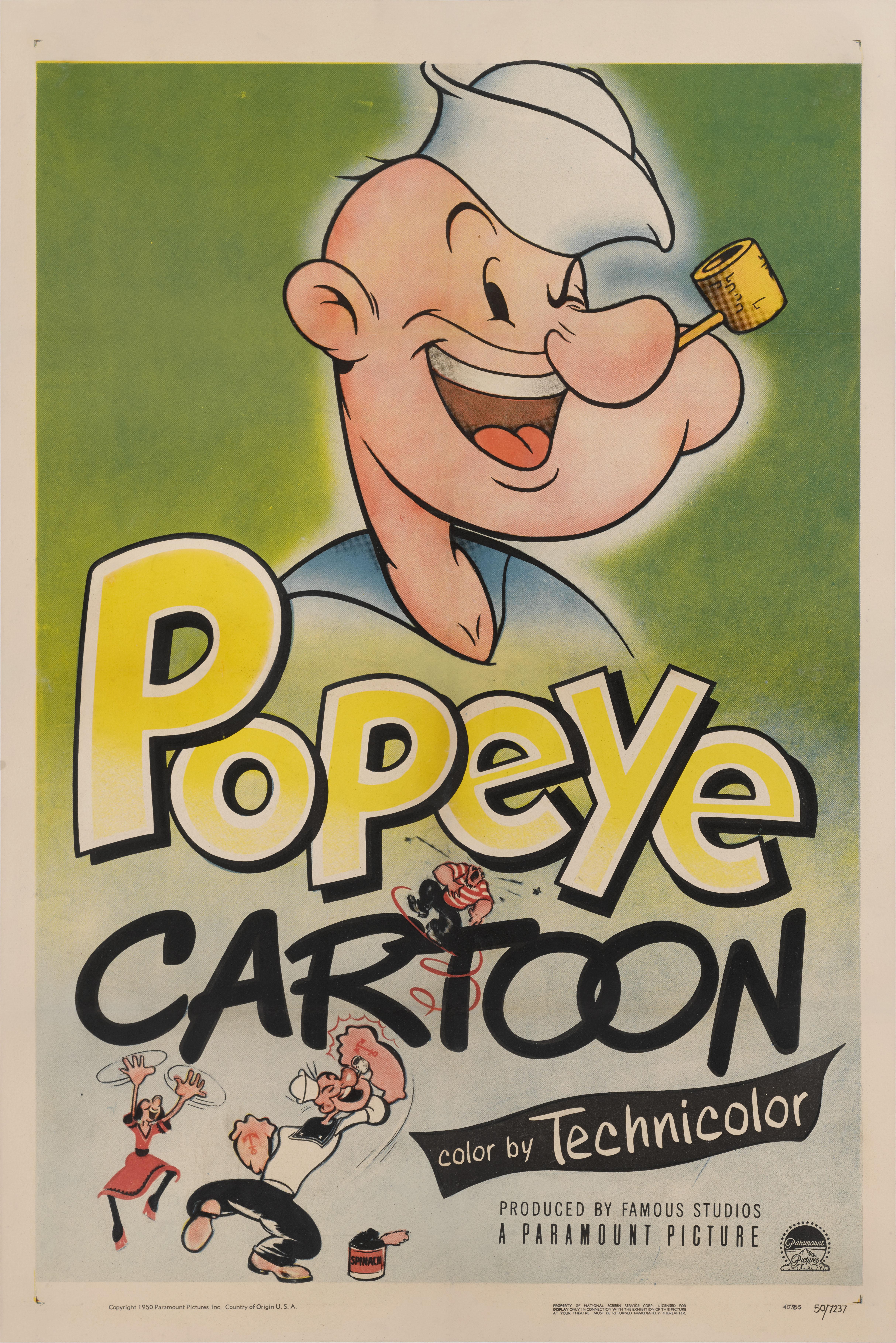 Original American film poster for Popeye 1950.
This is what's known as a stock poster as instead of creating different posters the studio created one piece of artwork for a season of Popeye films.
This poster is conservation linen backed and it