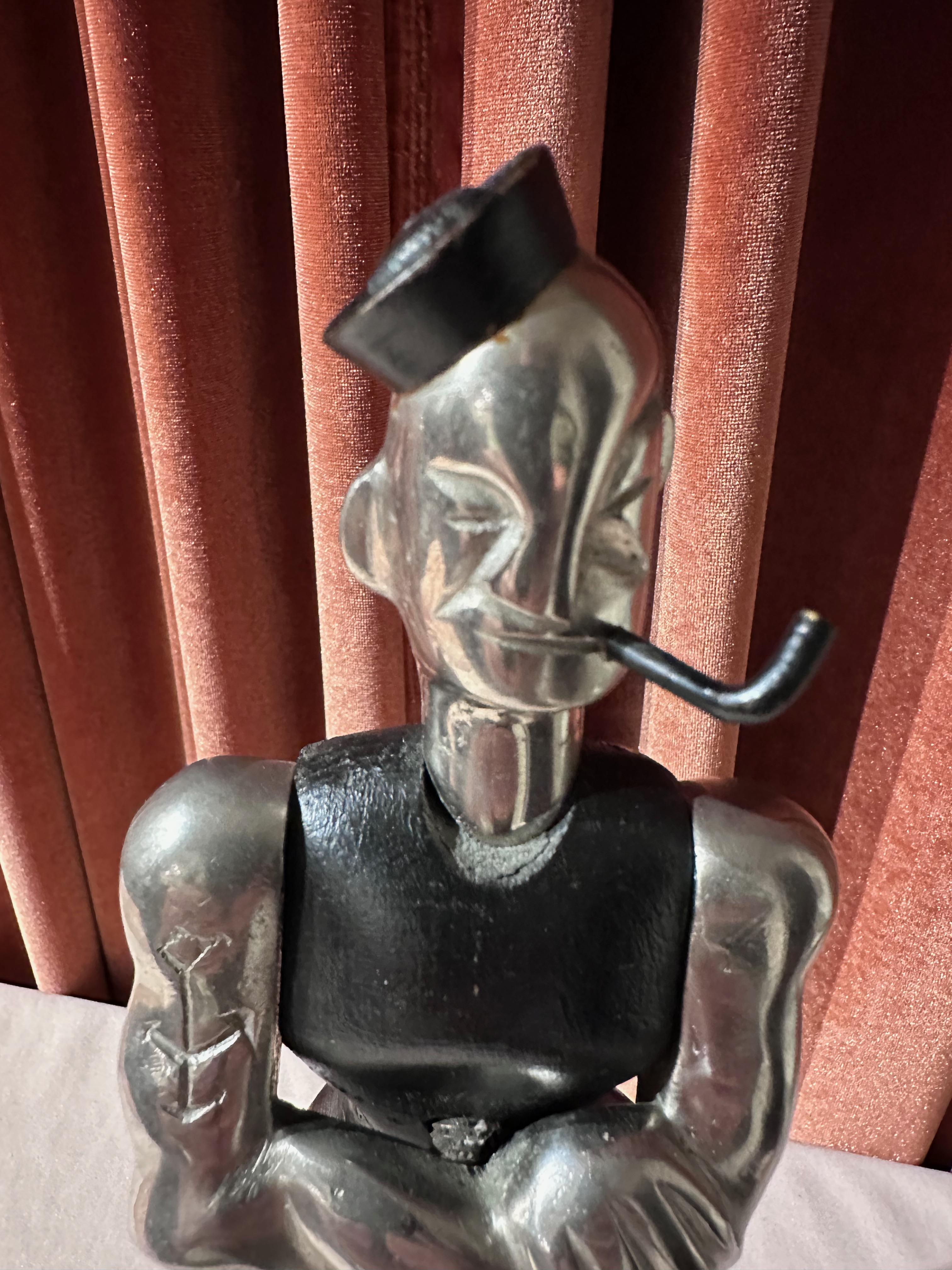 Mid-20th Century Popeye Sailor European Sculpture Ebony and Metal Art Deco Hagenauer For Sale