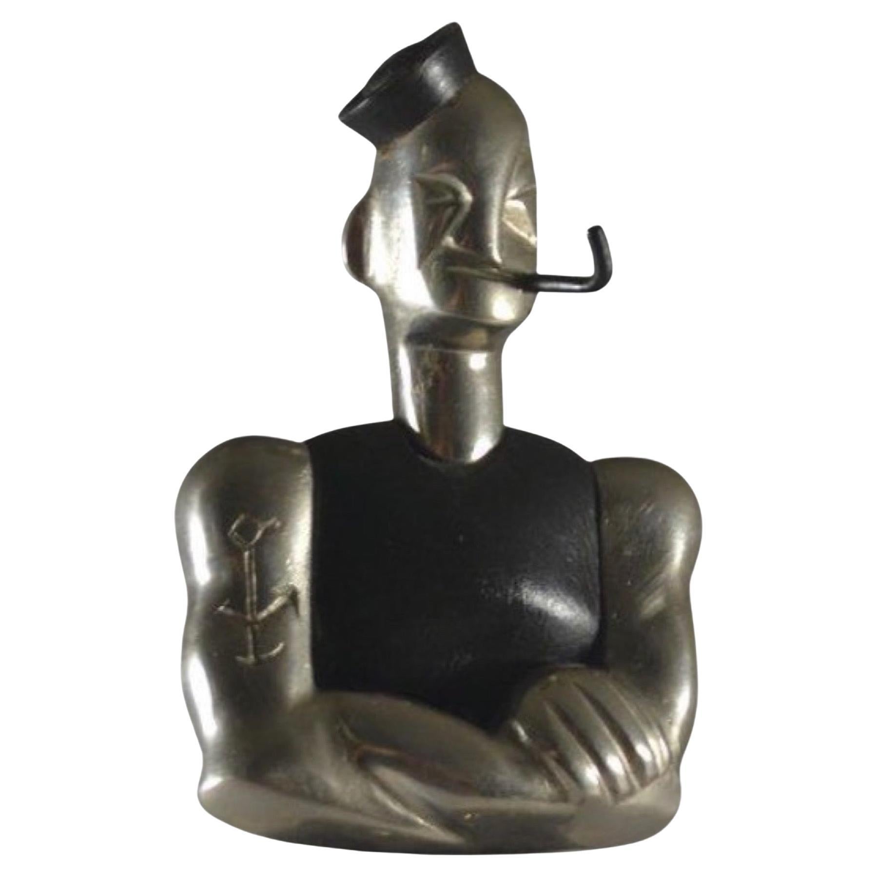 Popeye Sailor European Sculpture Ebony and Metal Art Deco Hagenauer For Sale