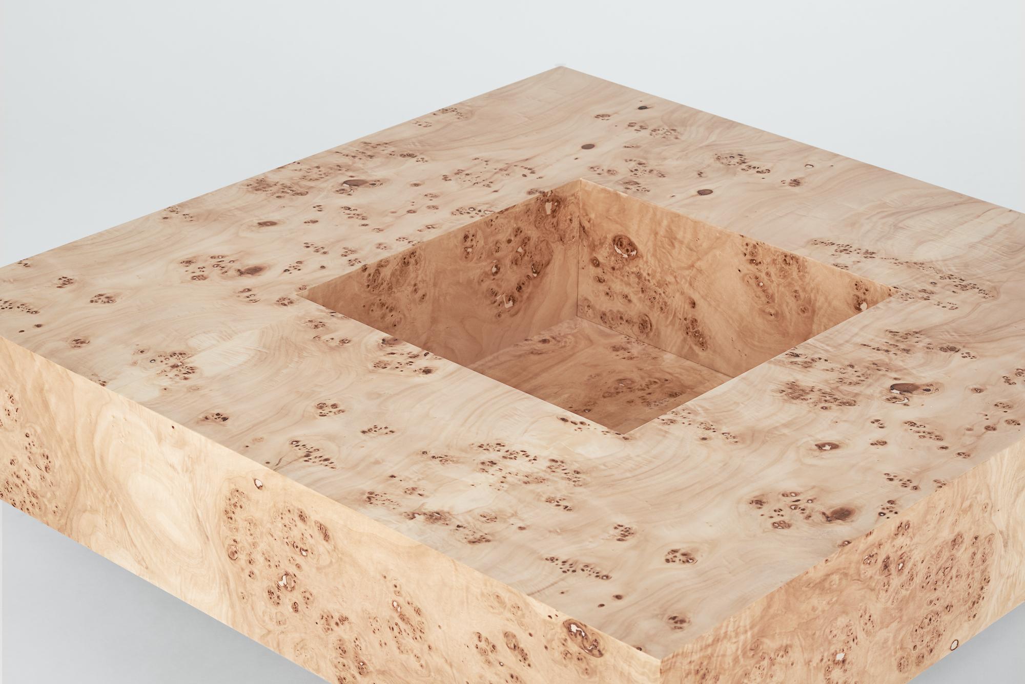 Poplar Burl Coffee Table by Petra Madalena
Dimensions: W 100 x D 100 x H 42 cm
Materials: poplar burl veneer.
Weight: 60 kg (± 5 kg for packaging)

Elevate the ambiance of your home with the exquisite charm of this luxurious poplar burl coffee