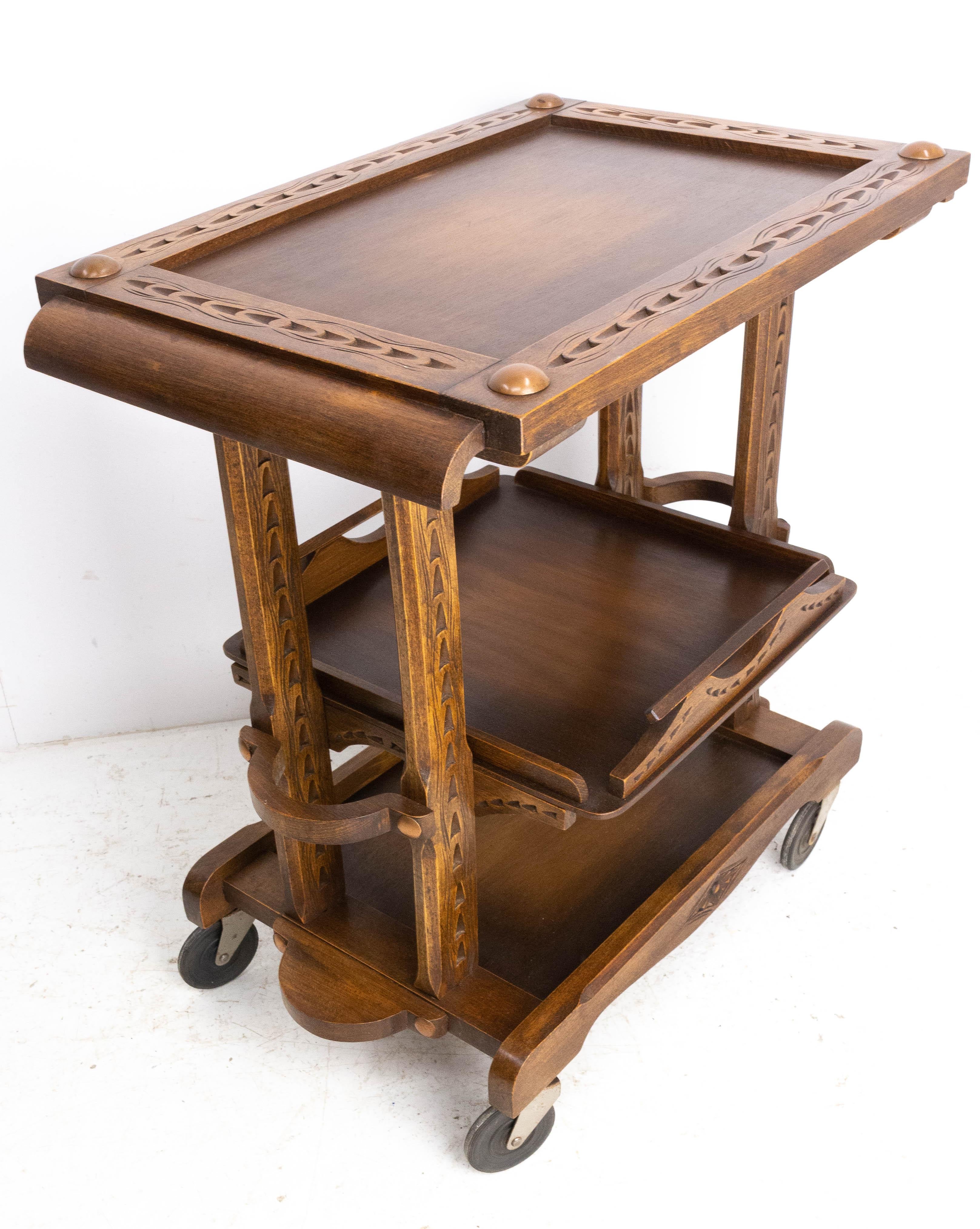 20th Century Poplar Cart Drinks Cocktail Table Trolley Three Trays on Wheels, France C. 1940 For Sale