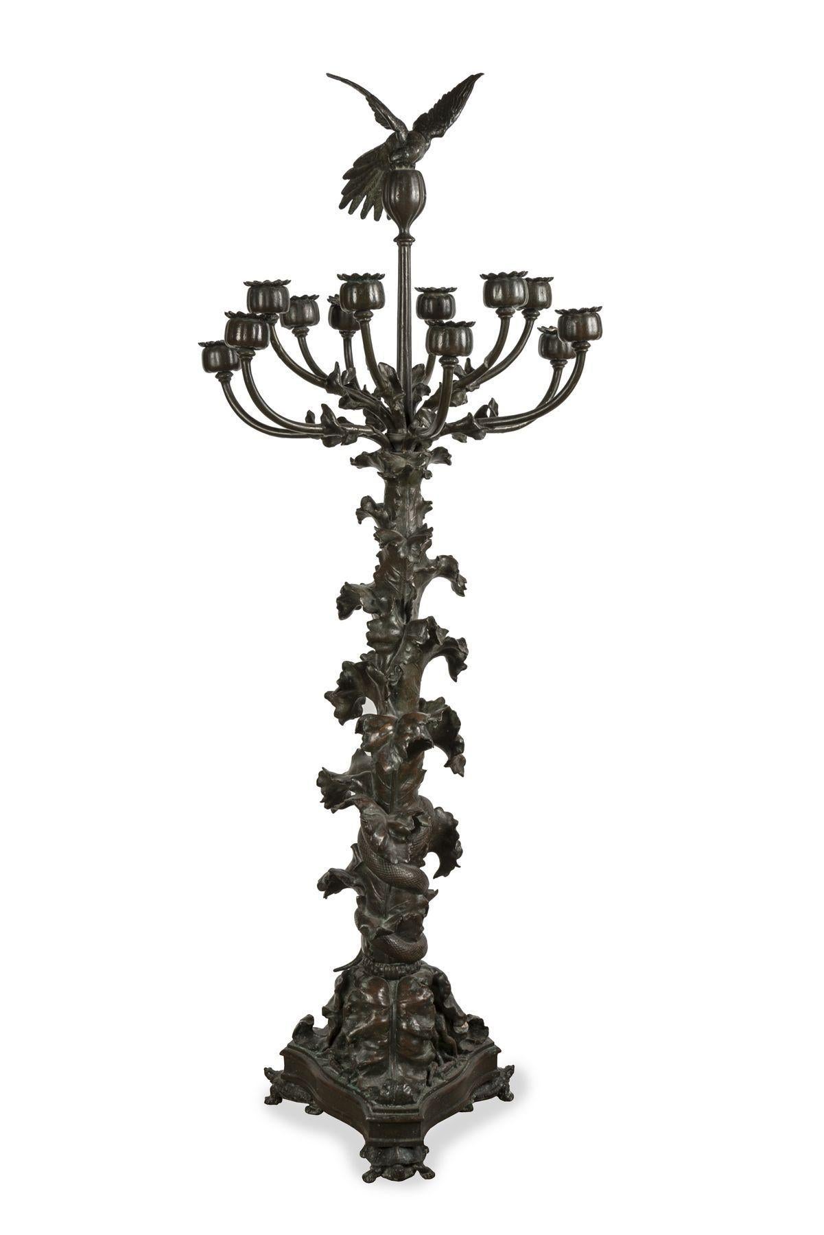 Napoleon III Poppy and Parakeet Candelabra by Antoine-Louis Barye, circa 1850 For Sale