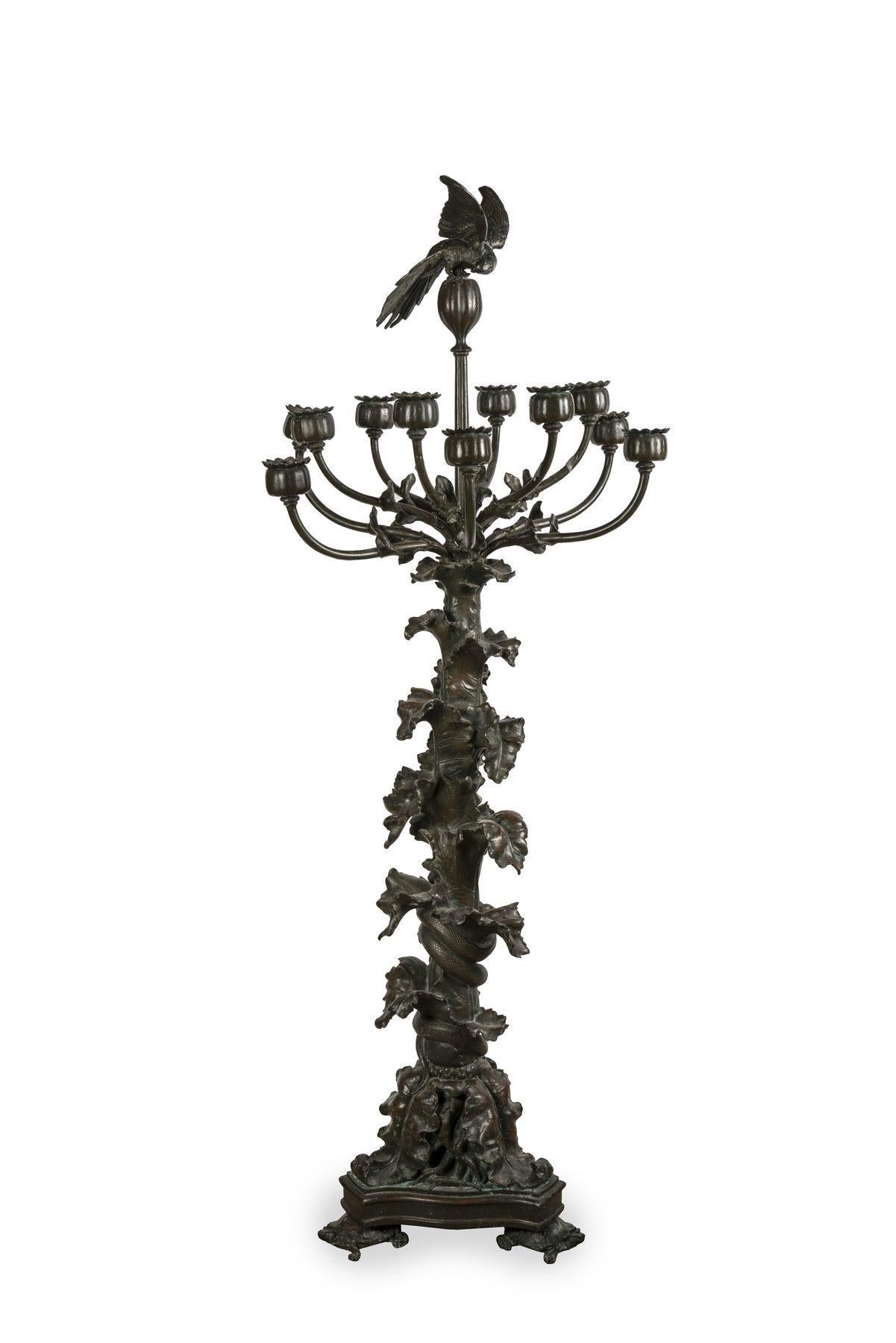 French Poppy and Parakeet Candelabra by Antoine-Louis Barye, circa 1850 For Sale