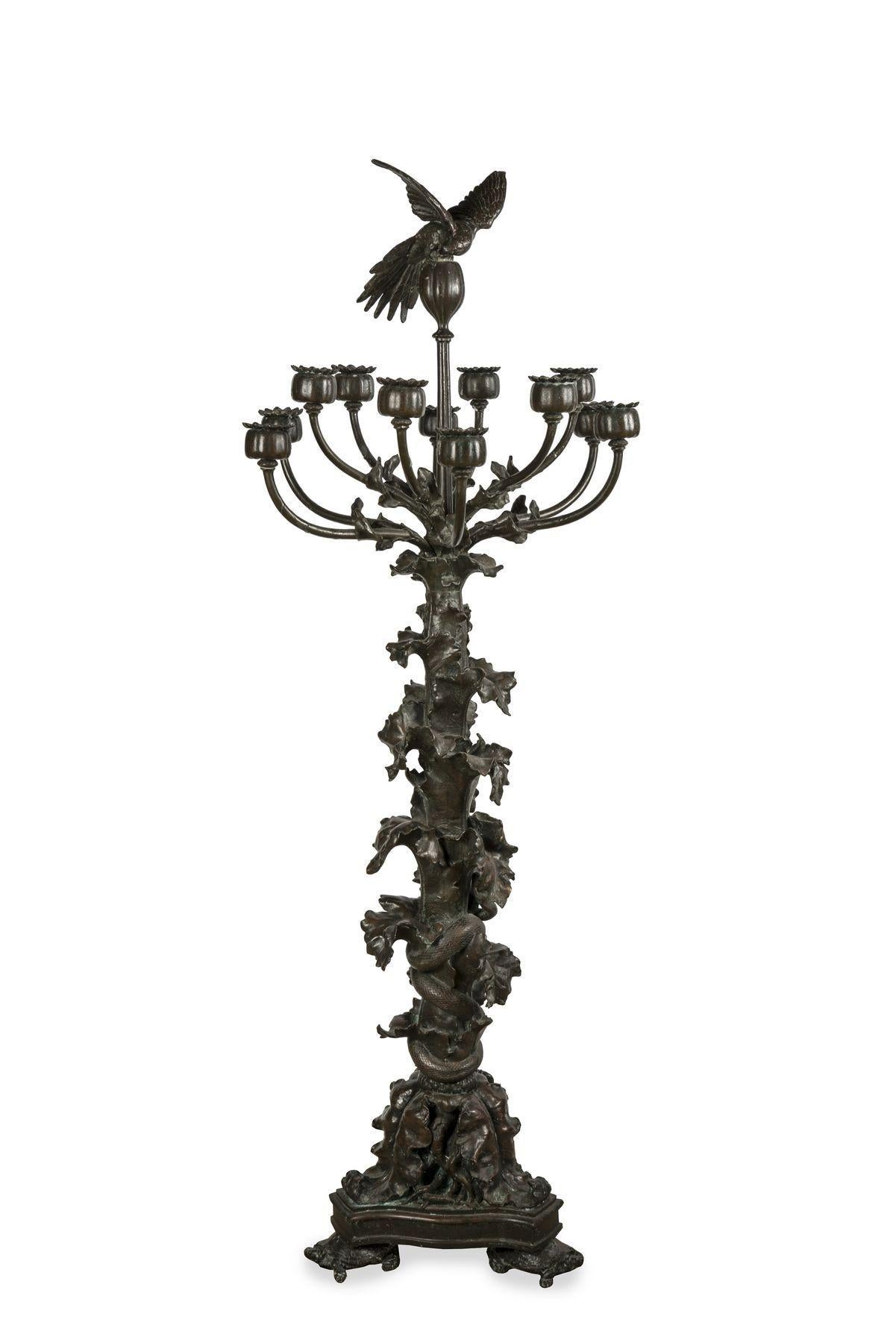 Patinated Poppy and Parakeet Candelabra by Antoine-Louis Barye, circa 1850 For Sale