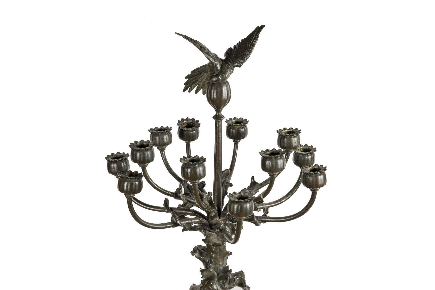 19th Century Poppy and Parakeet Candelabra by Antoine-Louis Barye, circa 1850 For Sale