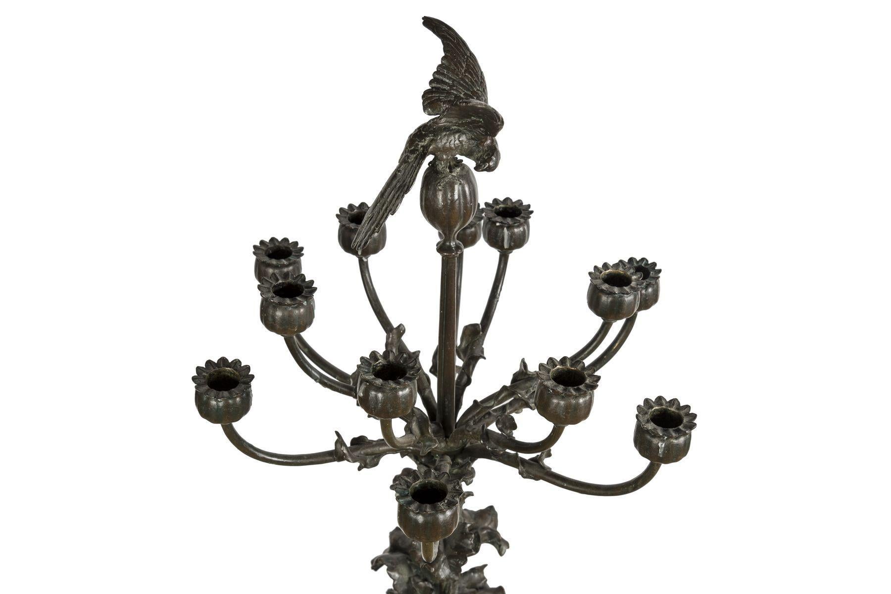 Bronze Poppy and Parakeet Candelabra by Antoine-Louis Barye, circa 1850 For Sale