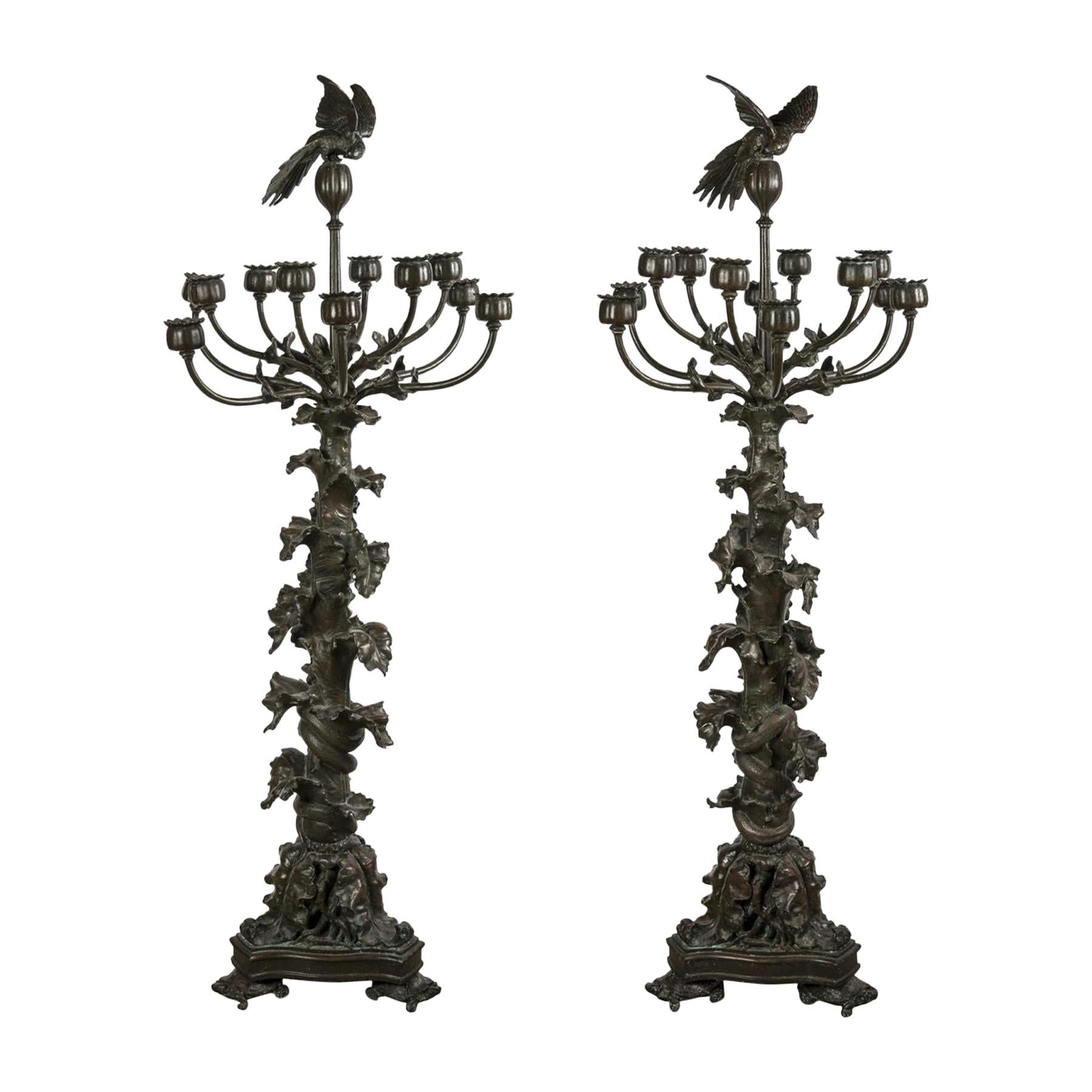 Poppy and Parakeet Candelabra by Antoine-Louis Barye, circa 1850 For Sale