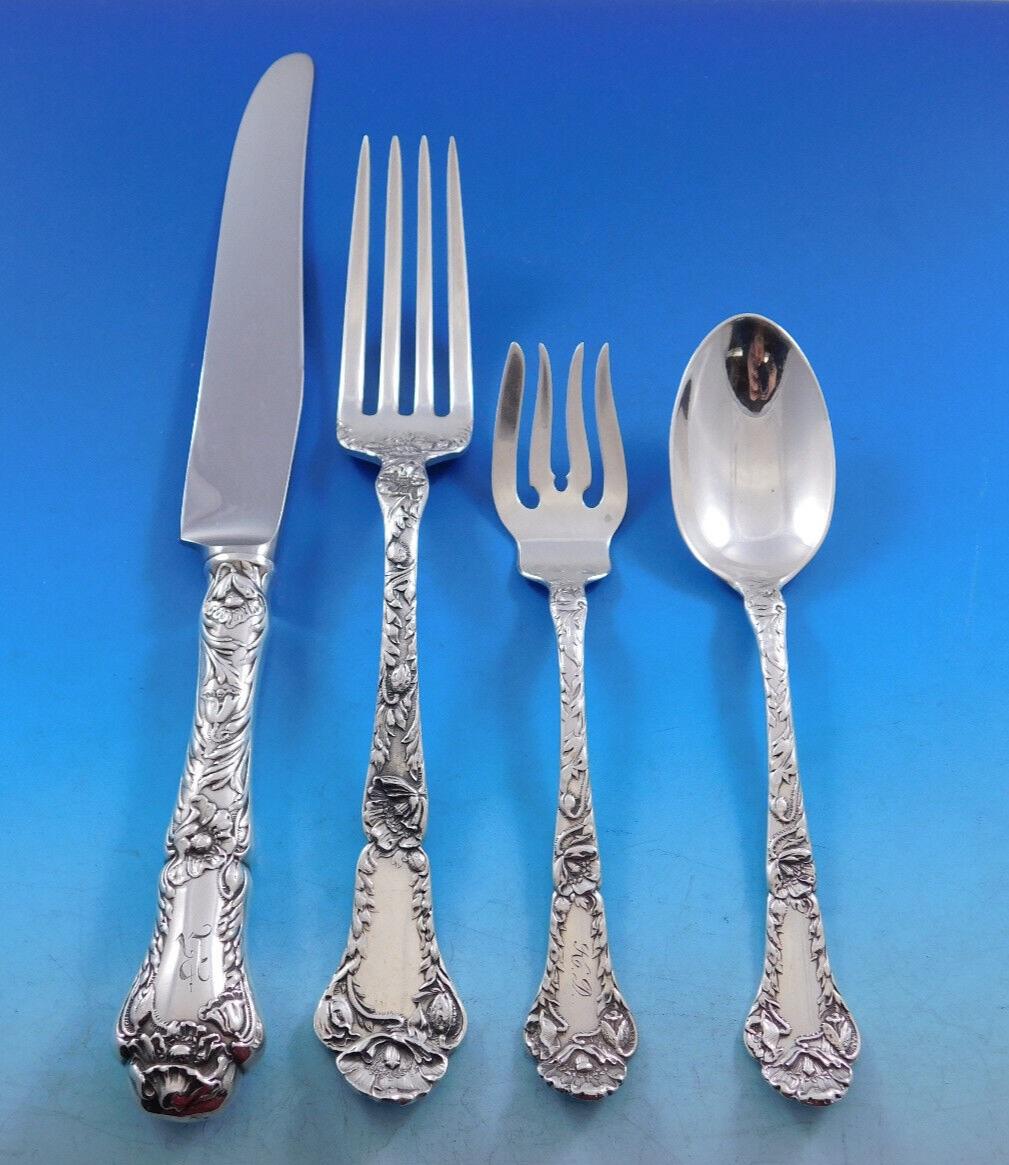 Exquisite dinner size Poppy by Gorham Sterling Silver flatware set - 78 pieces. This set includes:
12 Dinner Size Knives, 9 5/8