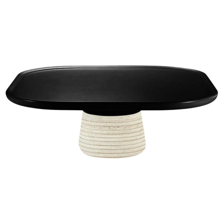 Table basse coquelicot, plateau en laque noire et travertin
