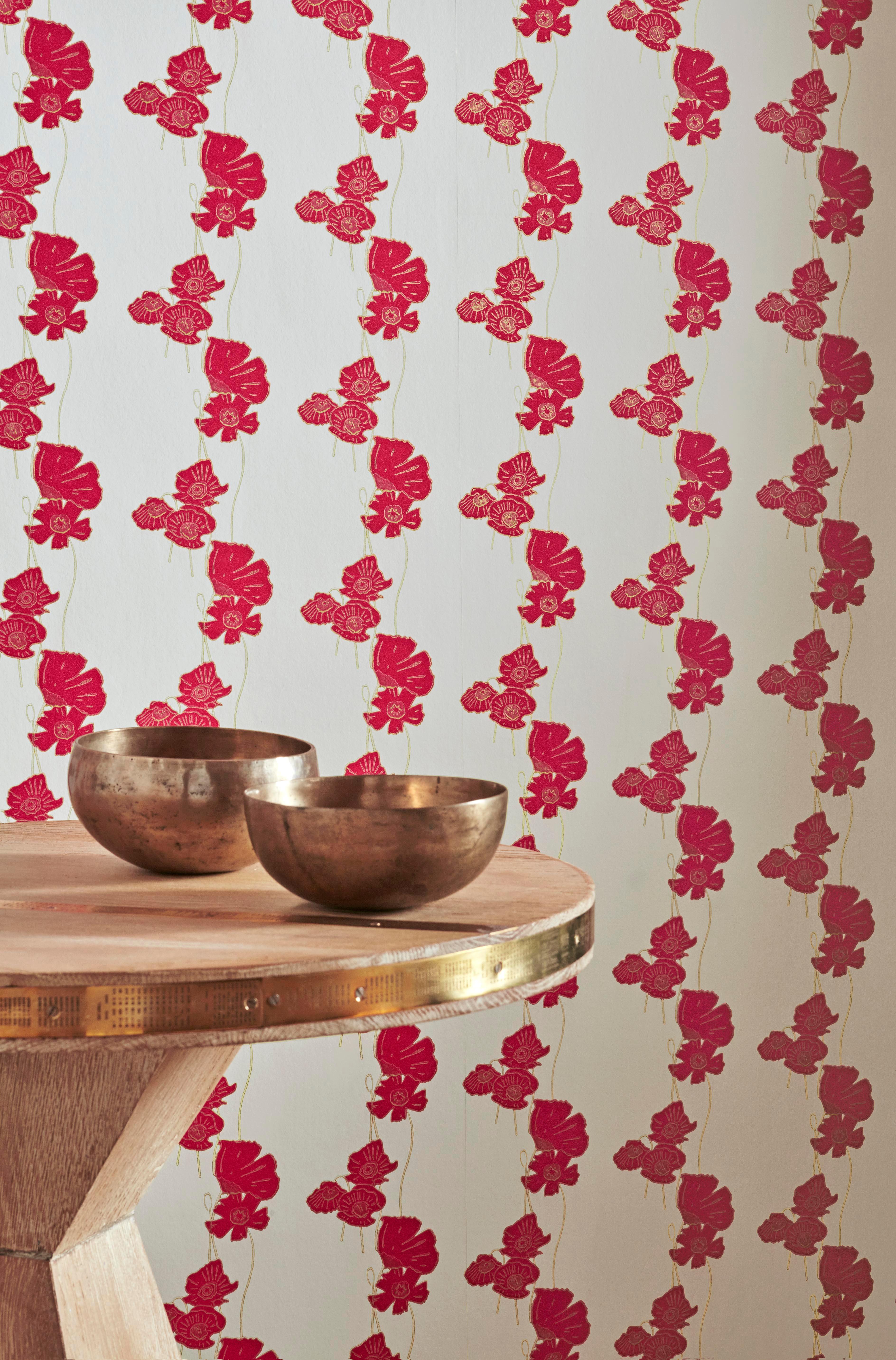 British 'Poppy Fields' Contemporary, Traditional Wallpaper Red/Gold For Sale