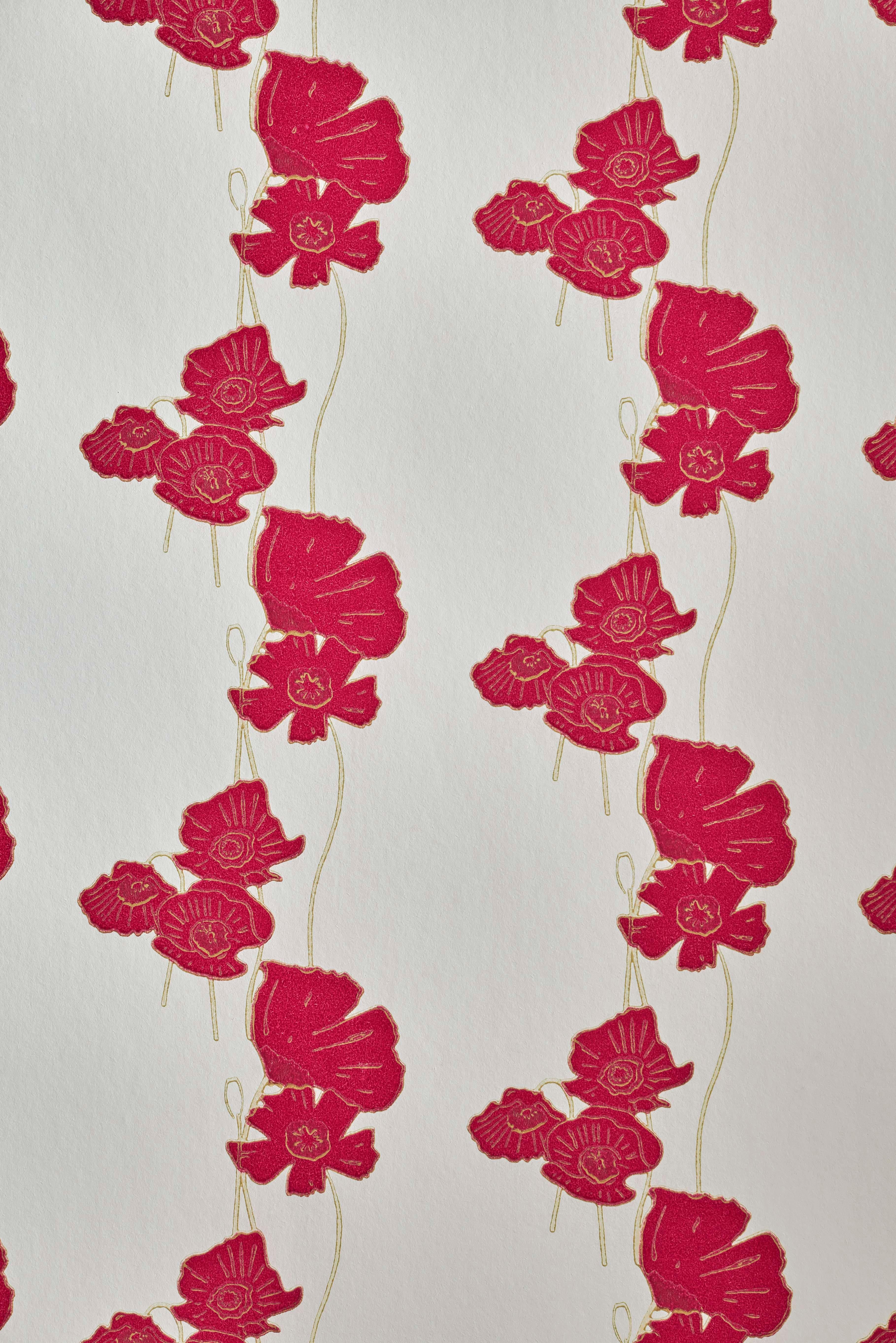 Paper 'Poppy Fields' Contemporary, Traditional Wallpaper Red/Gold For Sale