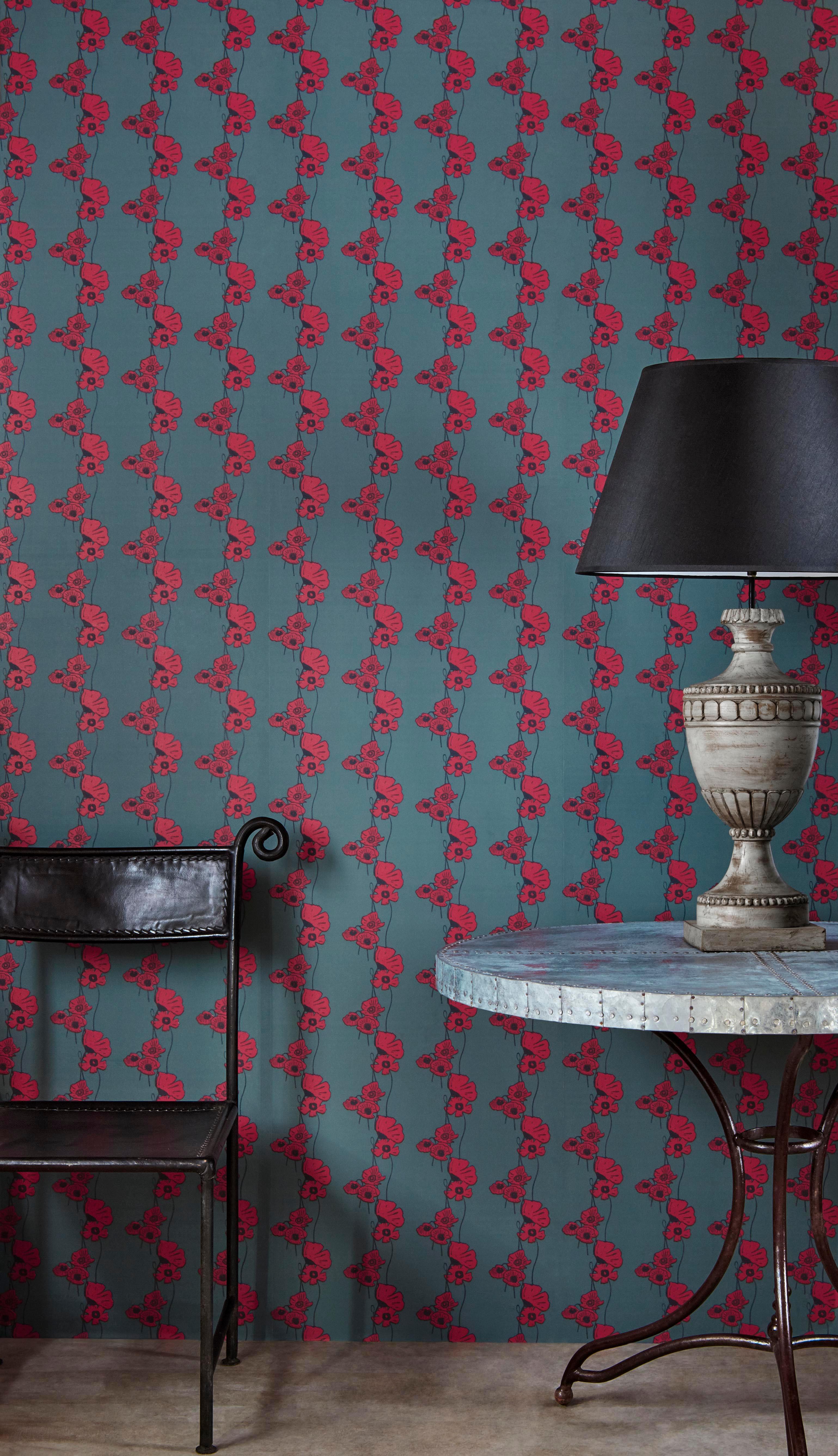 'Poppy Fields' Contemporary, Traditional Wallpaper Red/Gold For Sale 1