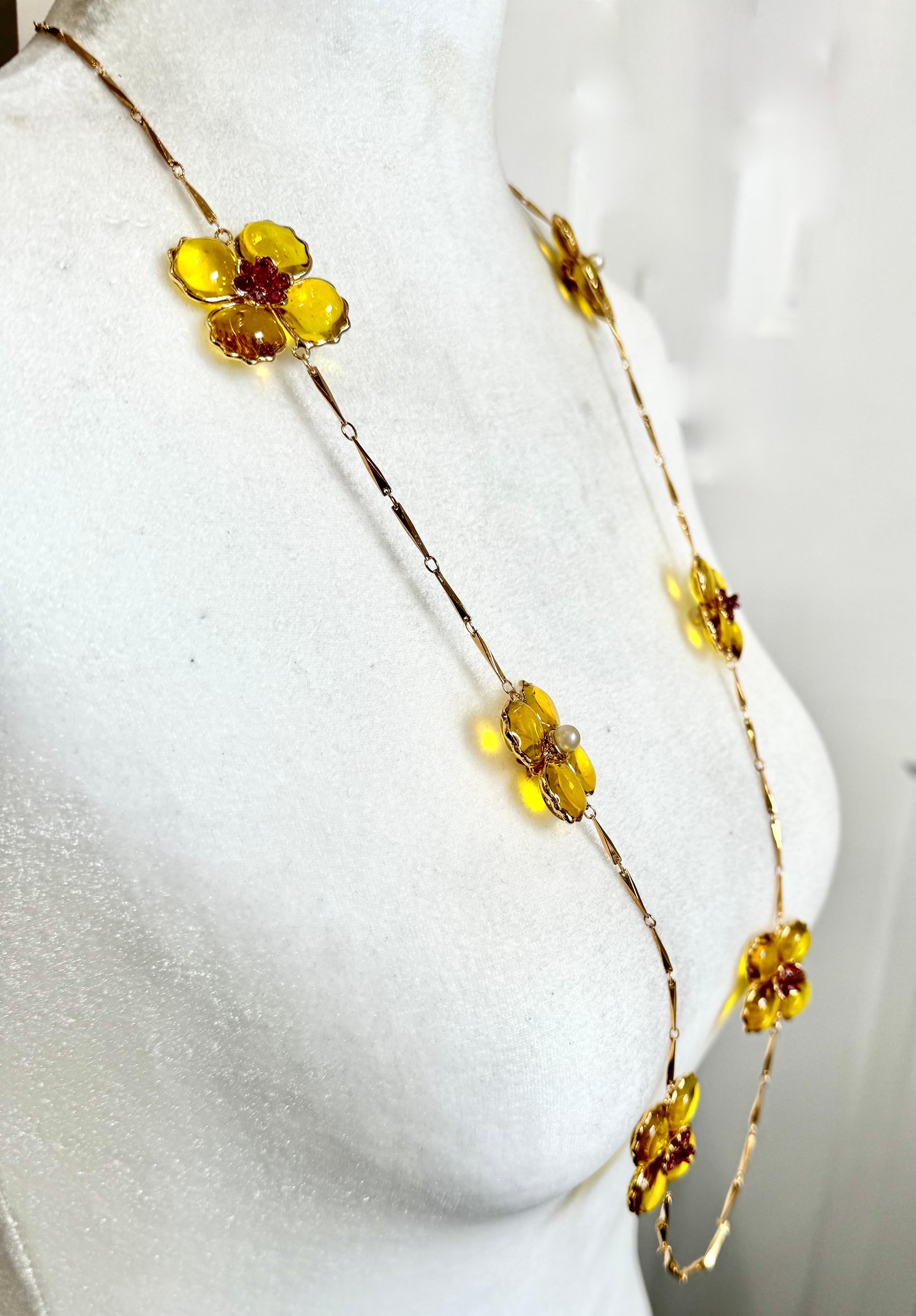 Poppy Flower Long Necklace By Gripoix Paris For Sale 3