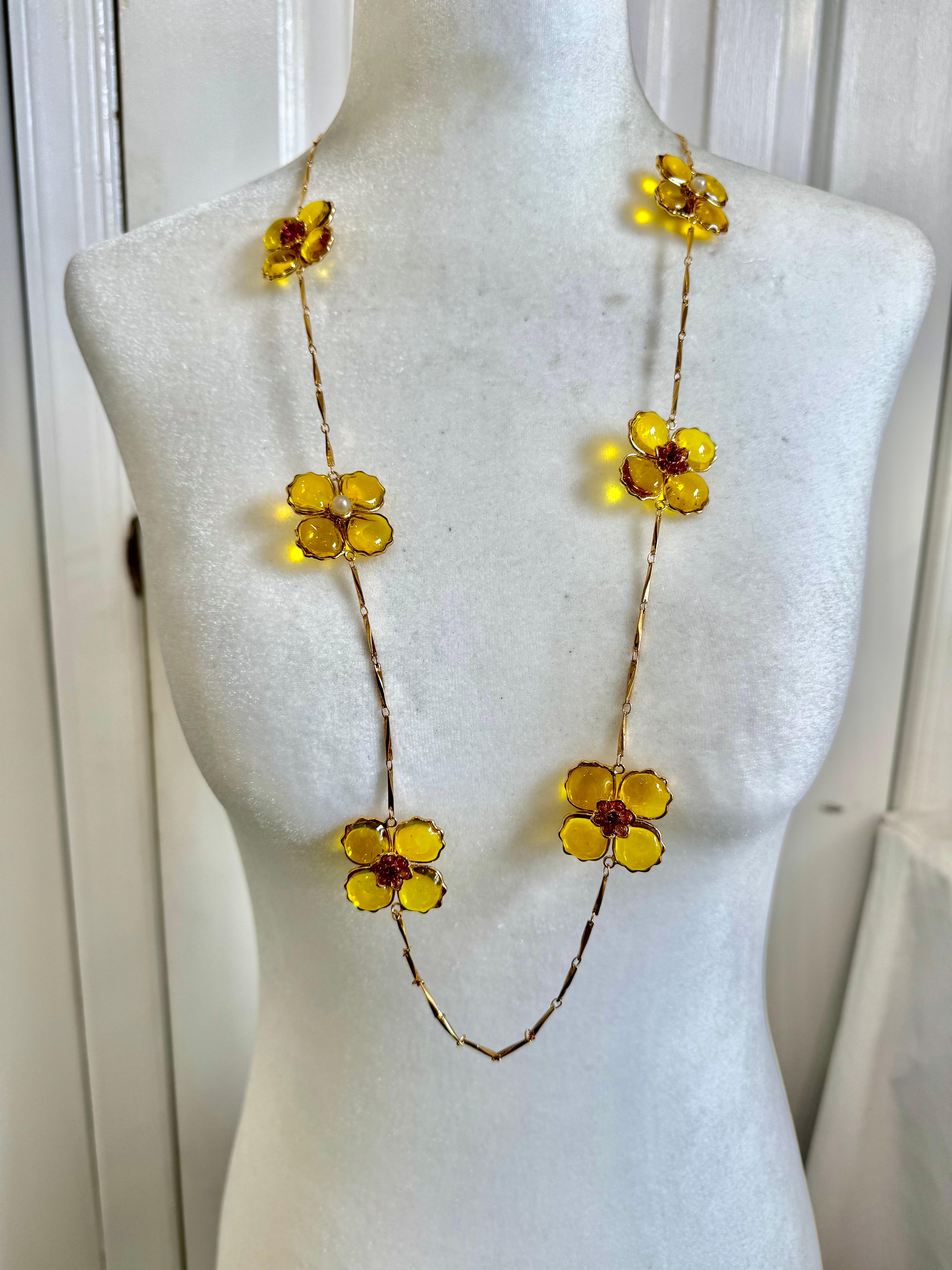 Poppy Flower Long Necklace By Gripoix Paris For Sale 4