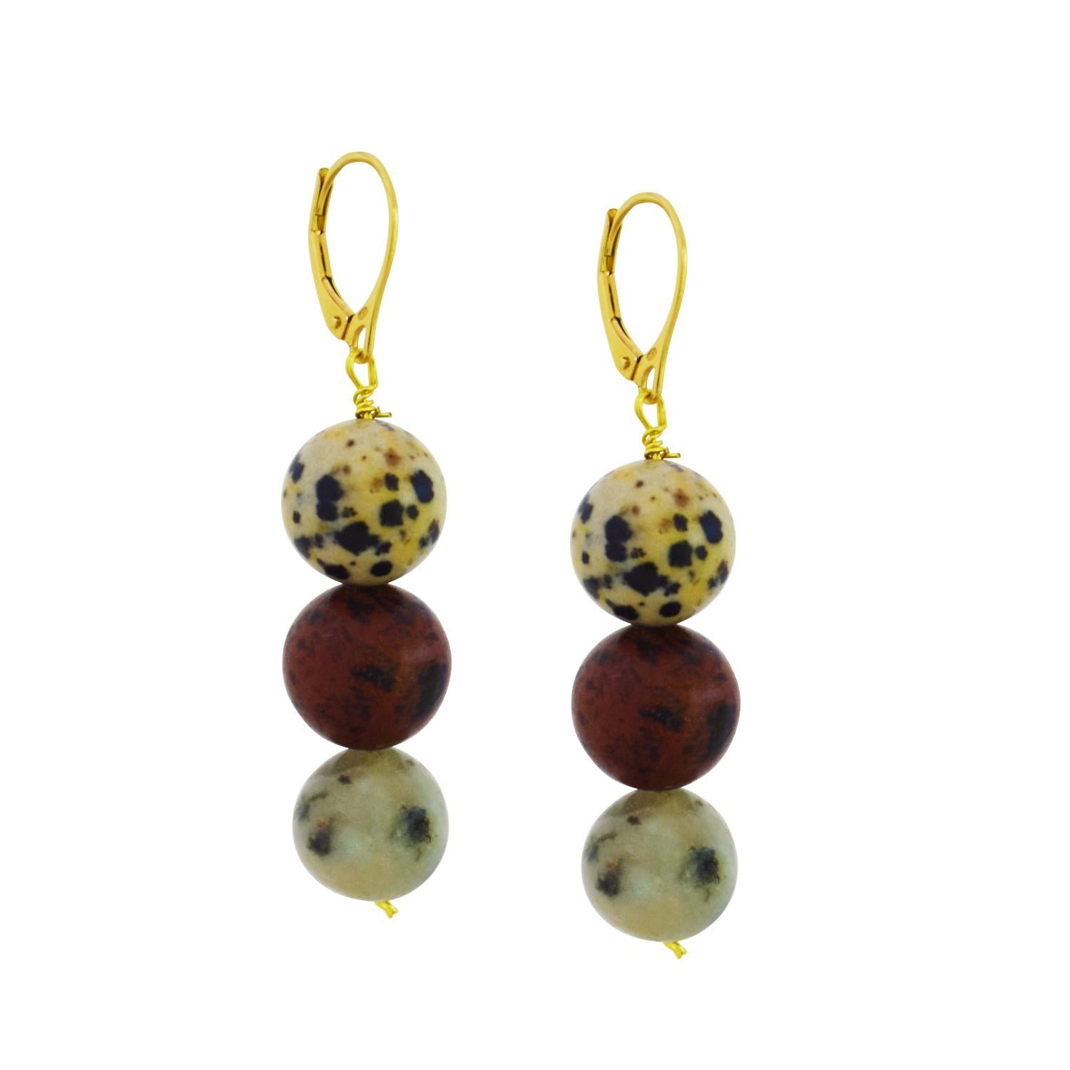 Poppy Jasper, Dalmatian Jasper & Sesame Jasper Yellow Gold Earrings In New Condition For Sale In London, GB