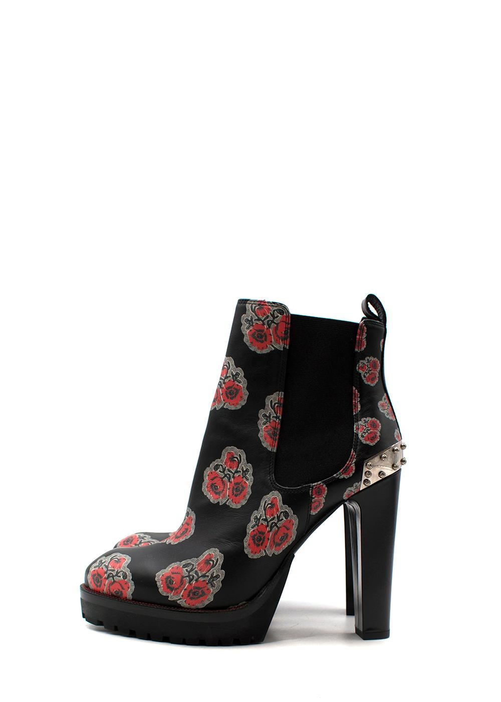 Poppy Print Leather Platform Heeled Ankle Boots In New Condition For Sale In London, GB