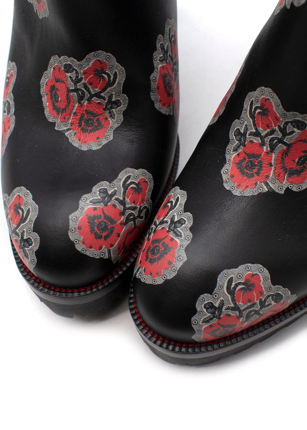 Women's Poppy Print Leather Platform Heeled Ankle Boots For Sale