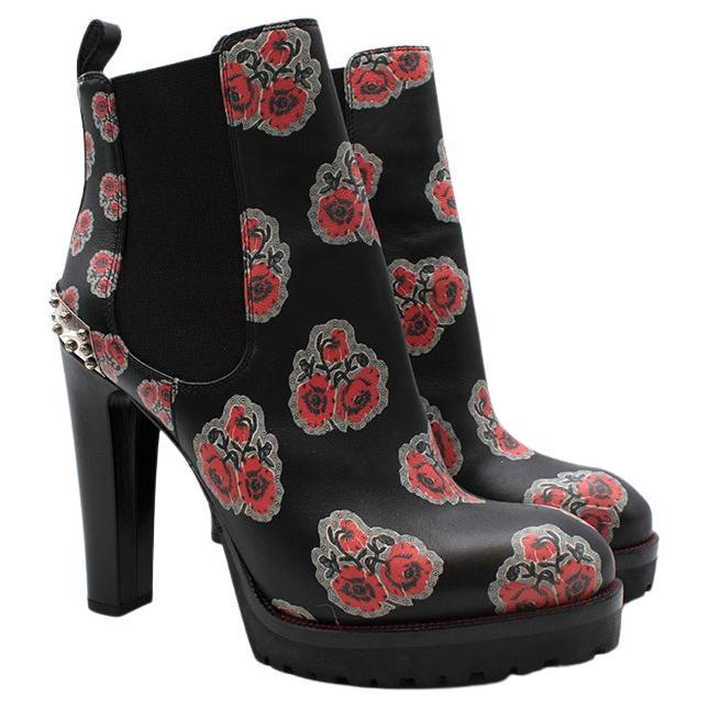 Poppy Print Leather Platform Heeled Ankle Boots For Sale