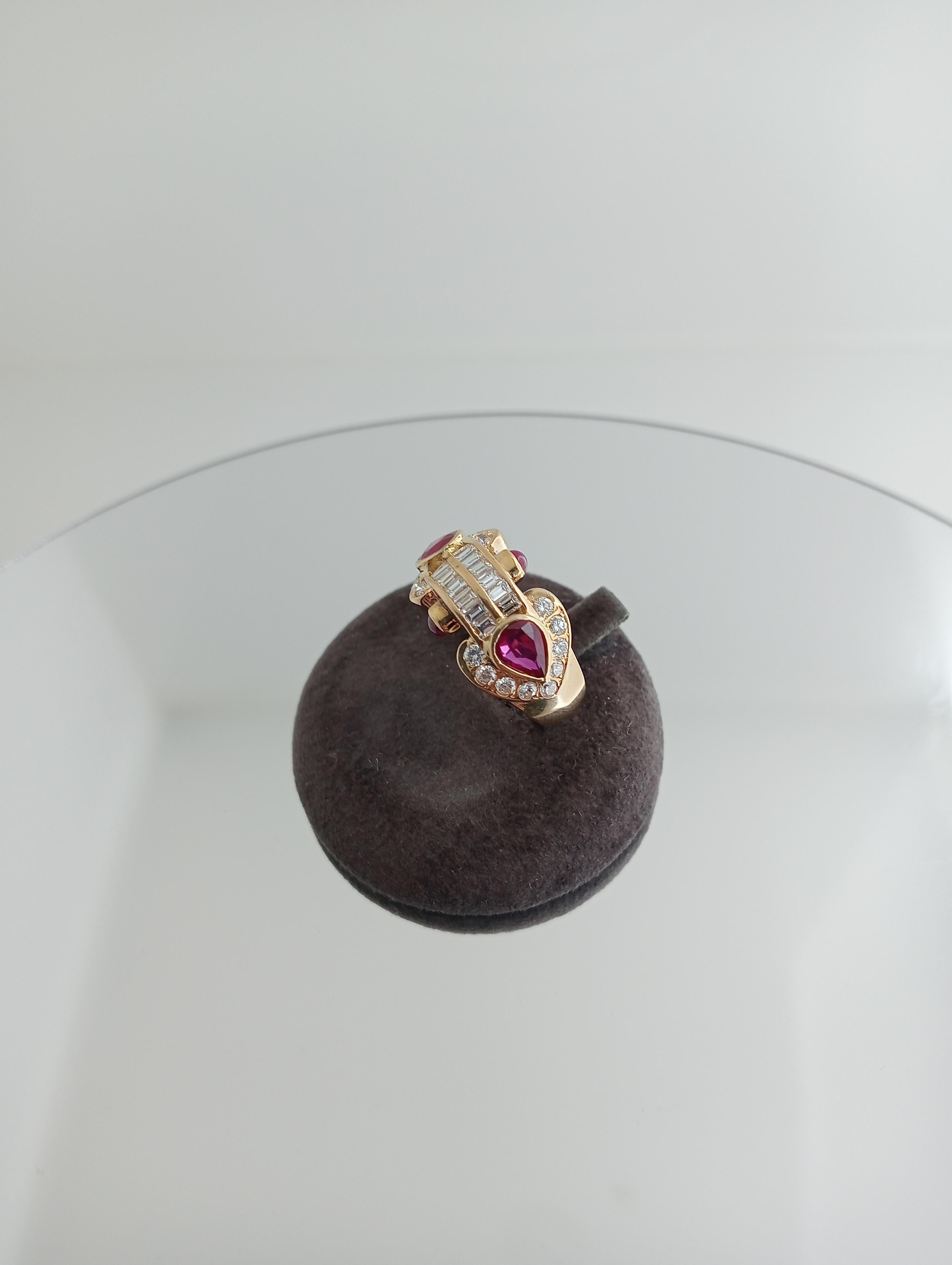 AMAPOLA Ruby and Diamond Ring for women  18x Baguette and Brilliant Cut Diamonds weighing approximately 1.60 cts.  4x Natural Burma Rubies weighing 1.66ct  Size 6 (US) 12 (ES)  18K Yellow Gold  7.20 grams. Brand new item  Ref.:D364297CH