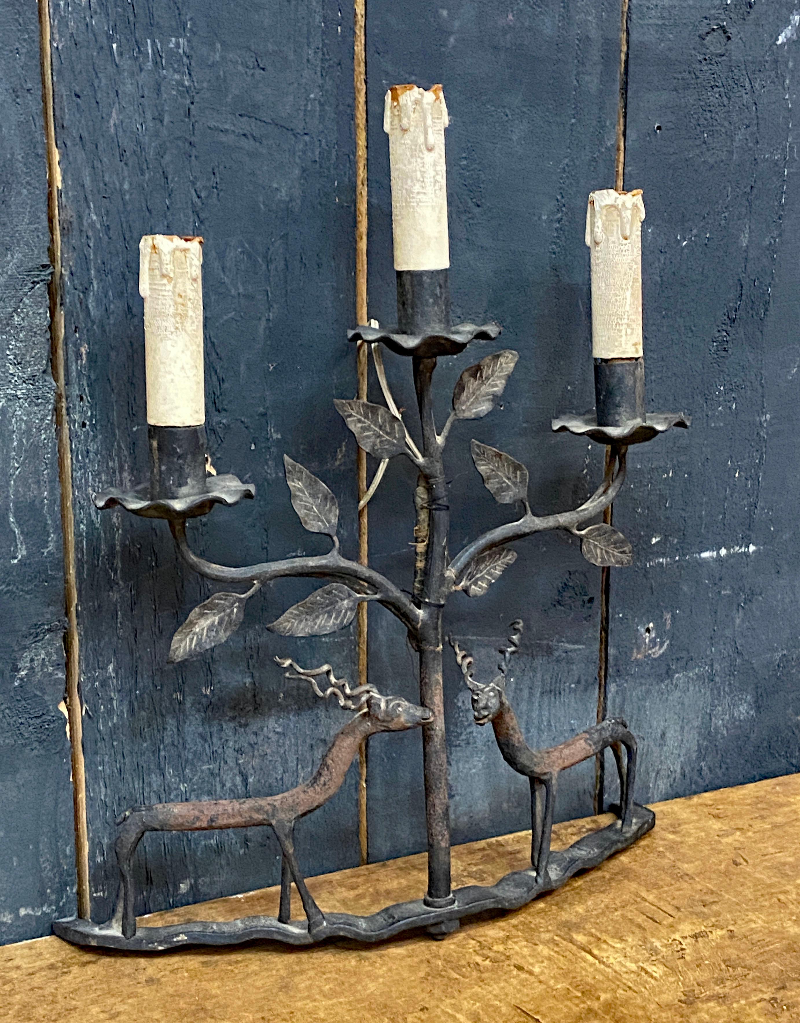 Popular Art, table lamp or wall lamp in wrought iron circa 1950 For Sale 4