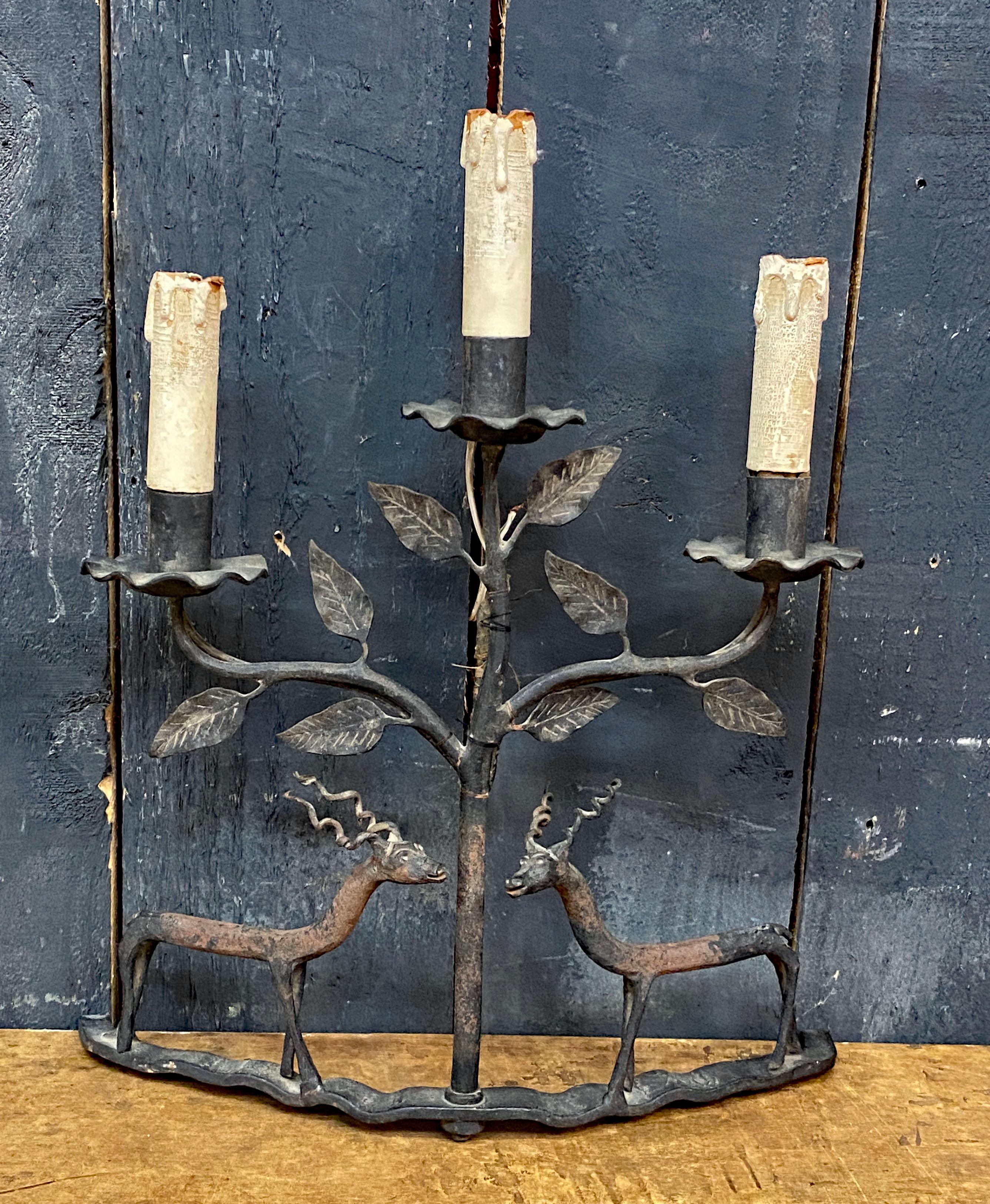 Popular Art, table lamp or wall lamp in wrought iron circa 1950 For Sale 5