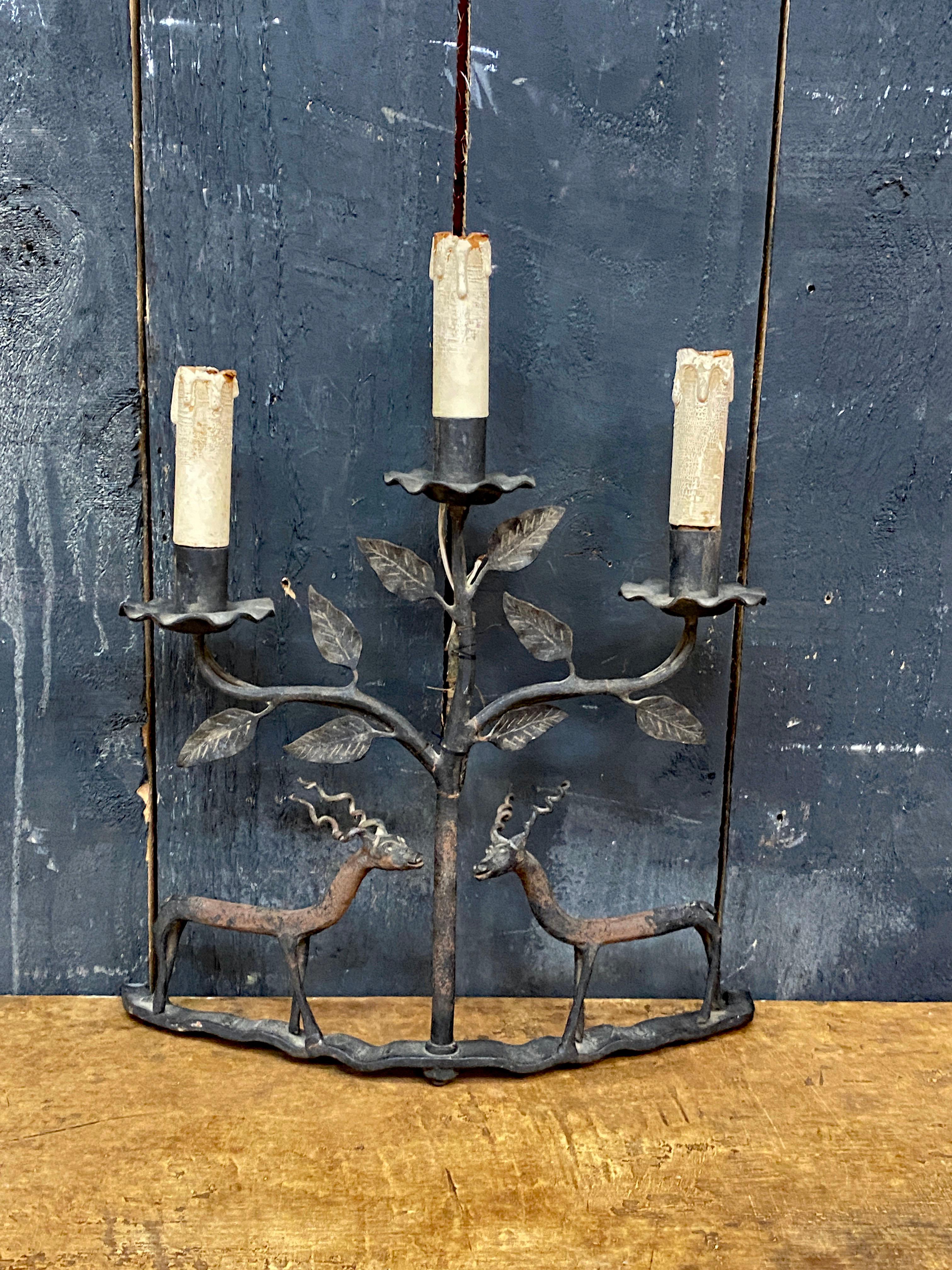 Popular Art, table lamp or wall lamp in wrought iron circa 1950 For Sale 6