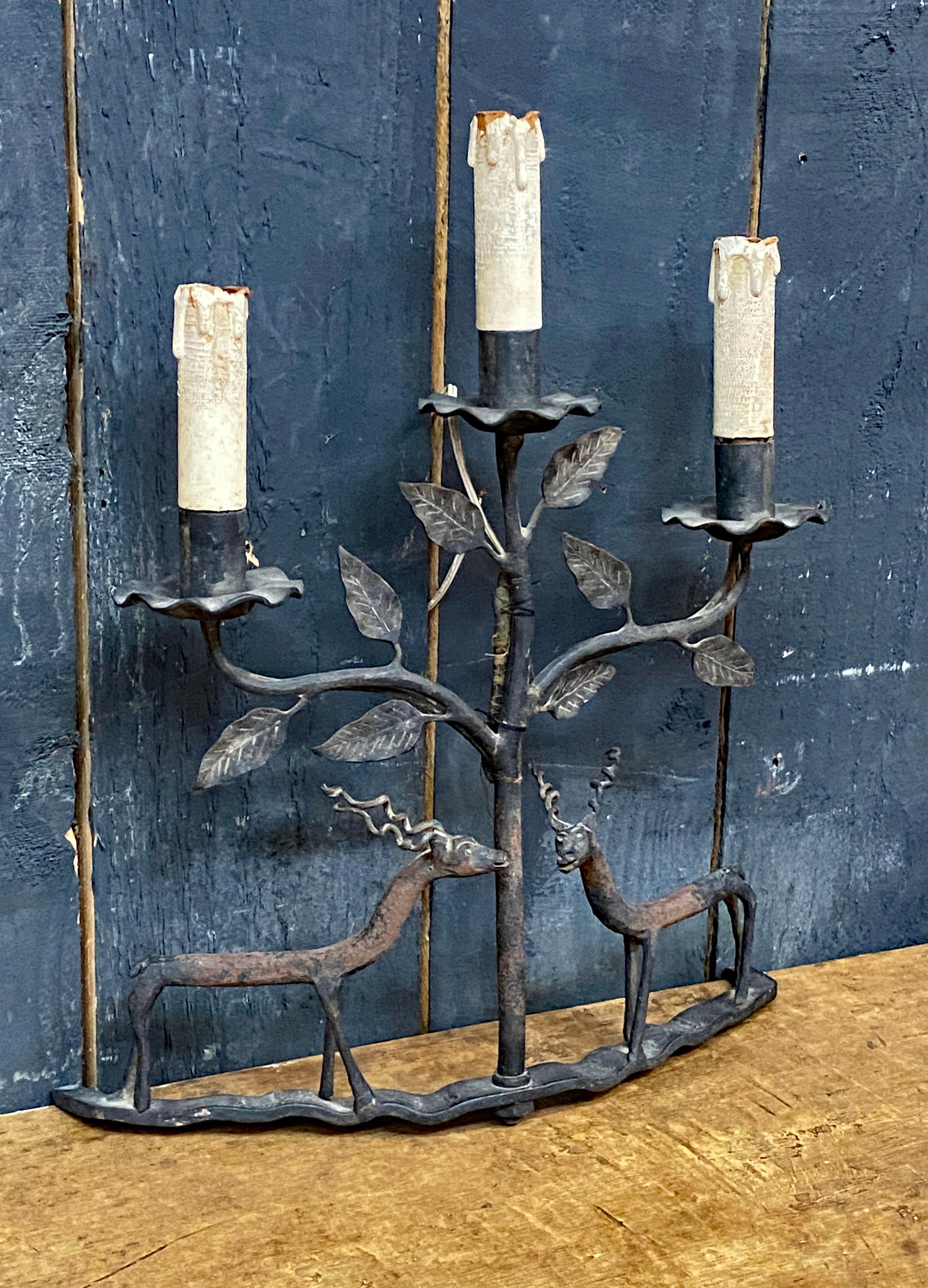 Mid-Century Modern Popular Art, table lamp or wall lamp in wrought iron circa 1950 For Sale
