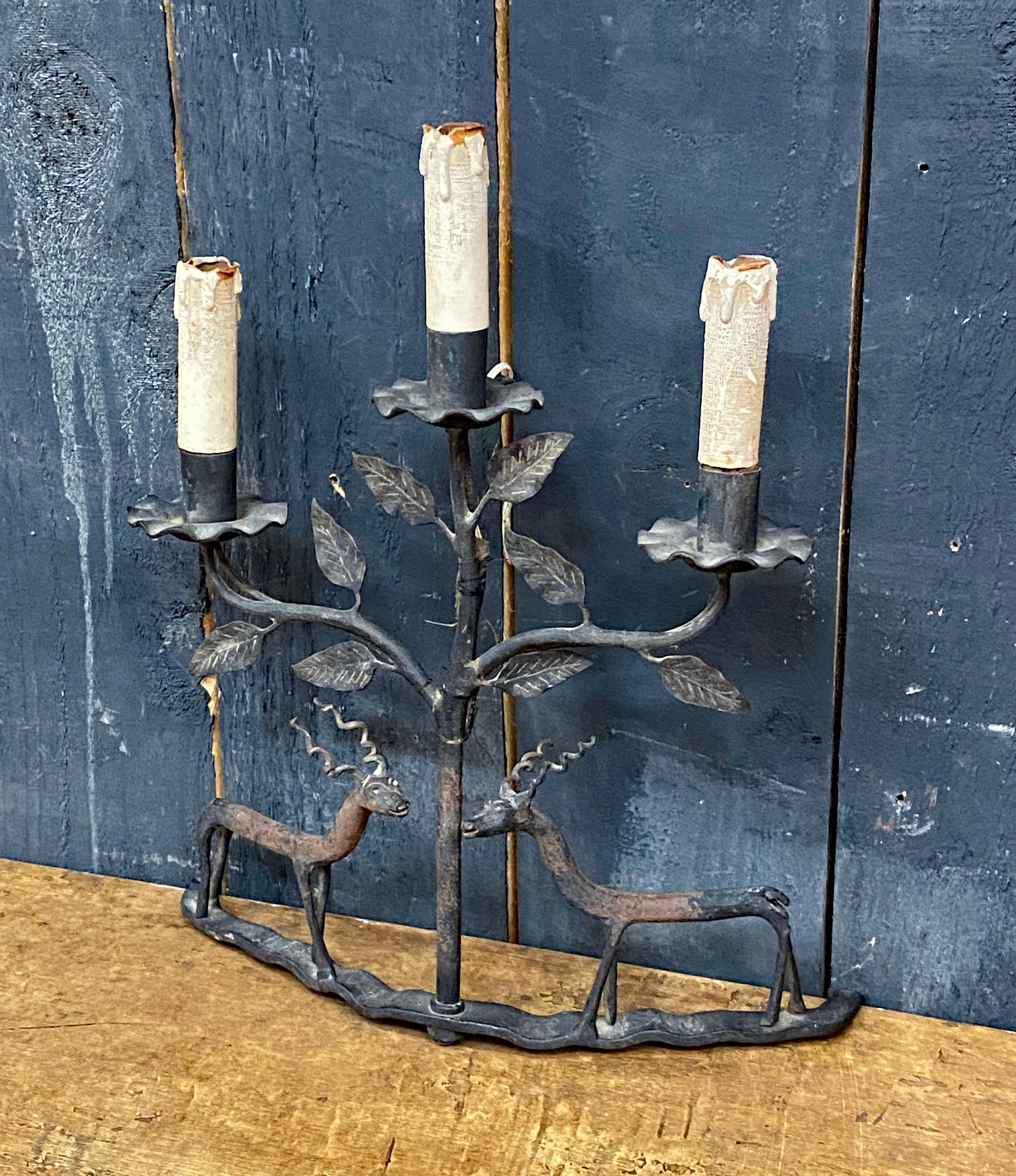 European Popular Art, table lamp or wall lamp in wrought iron circa 1950 For Sale