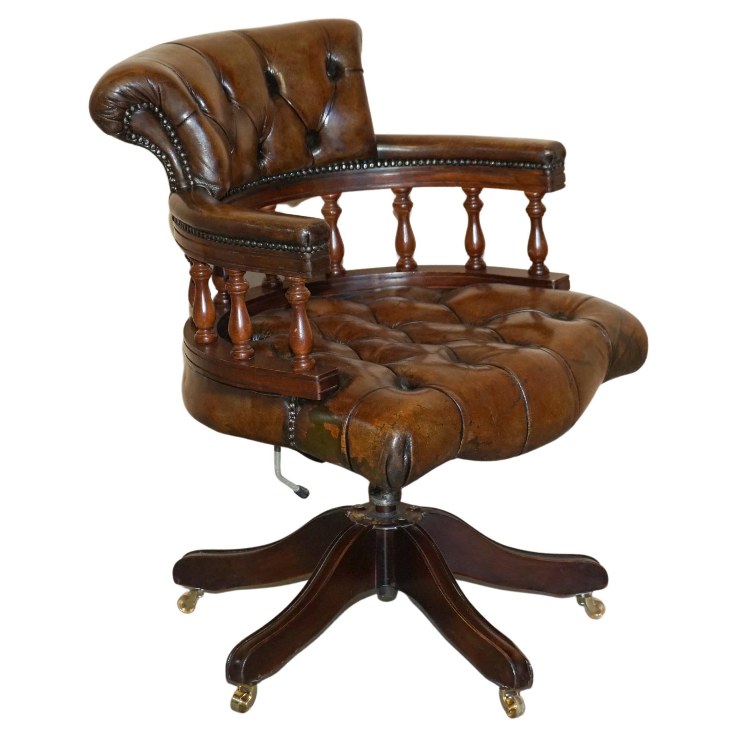 Popular Restored Chesterfield Vintage Brown Leather Directors Captains Chair For Sale