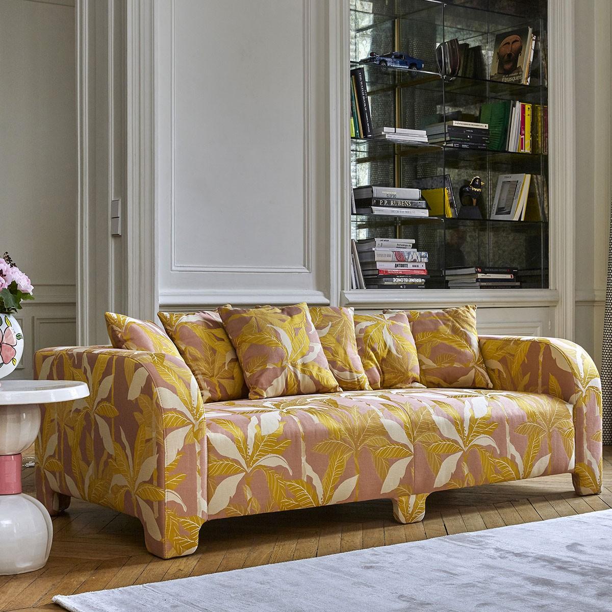 Popus editions graziella 2 seater sofa in amber como velvet upholstery.

A foot that hides another. A cushion that hides another. A curve that hides another with contemporary lines and a base like a punctuation mark, this sofa gives pride of place