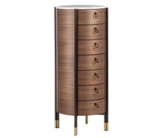 Porada Bayus Tondo 7 Seven-Drawer Tallboy, Walnut Canaletta with Marble Top