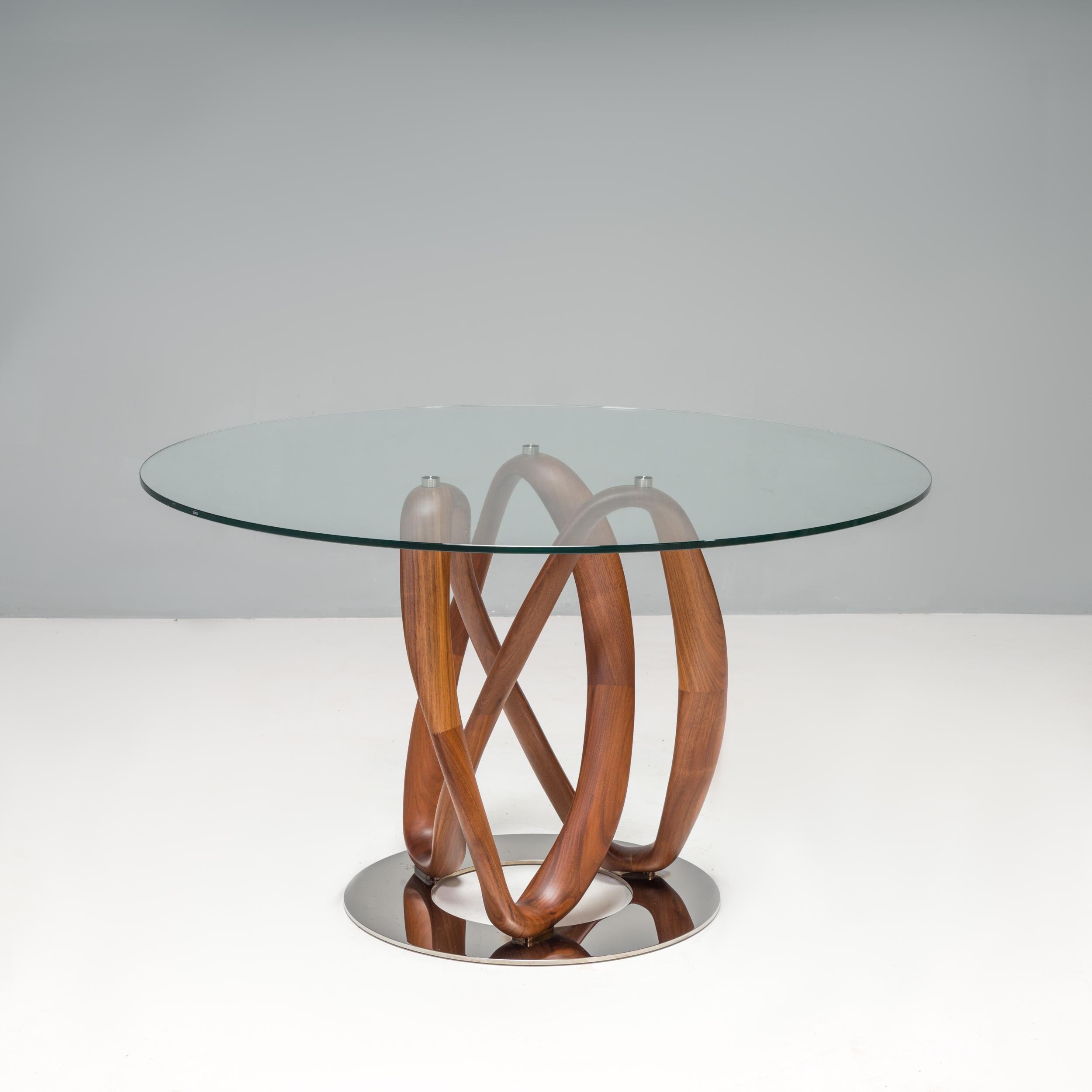 Italian Porada Walnut & Glass Infinity Dining Table and Set of 4 Nissa Dining Chairs