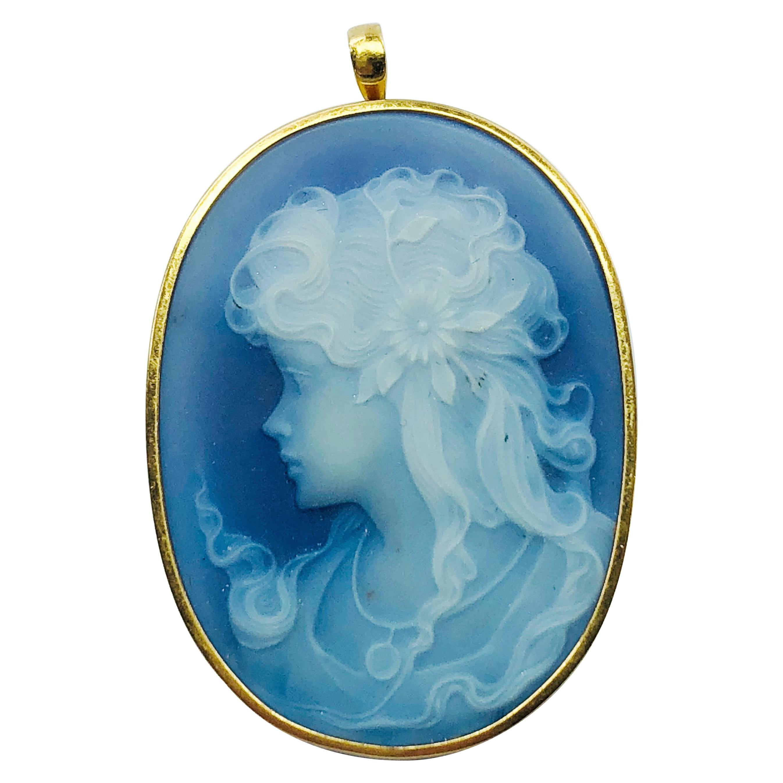 Porcelain and 18 Karat Yellow Gold Oval Cameo Pendant and Brooch