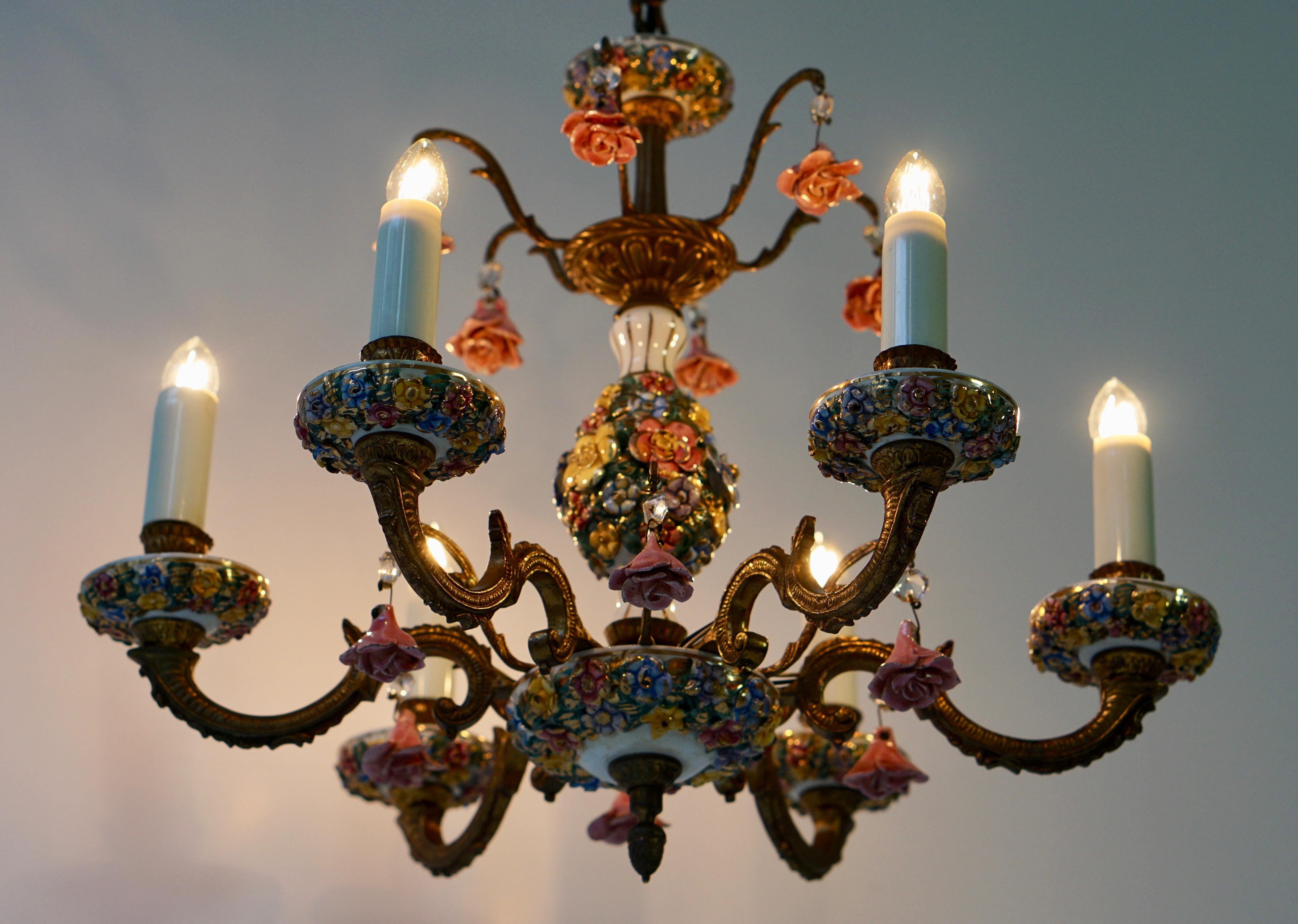 Porcelain and Brass 6-Light Chandelier with Flower Decoration 1