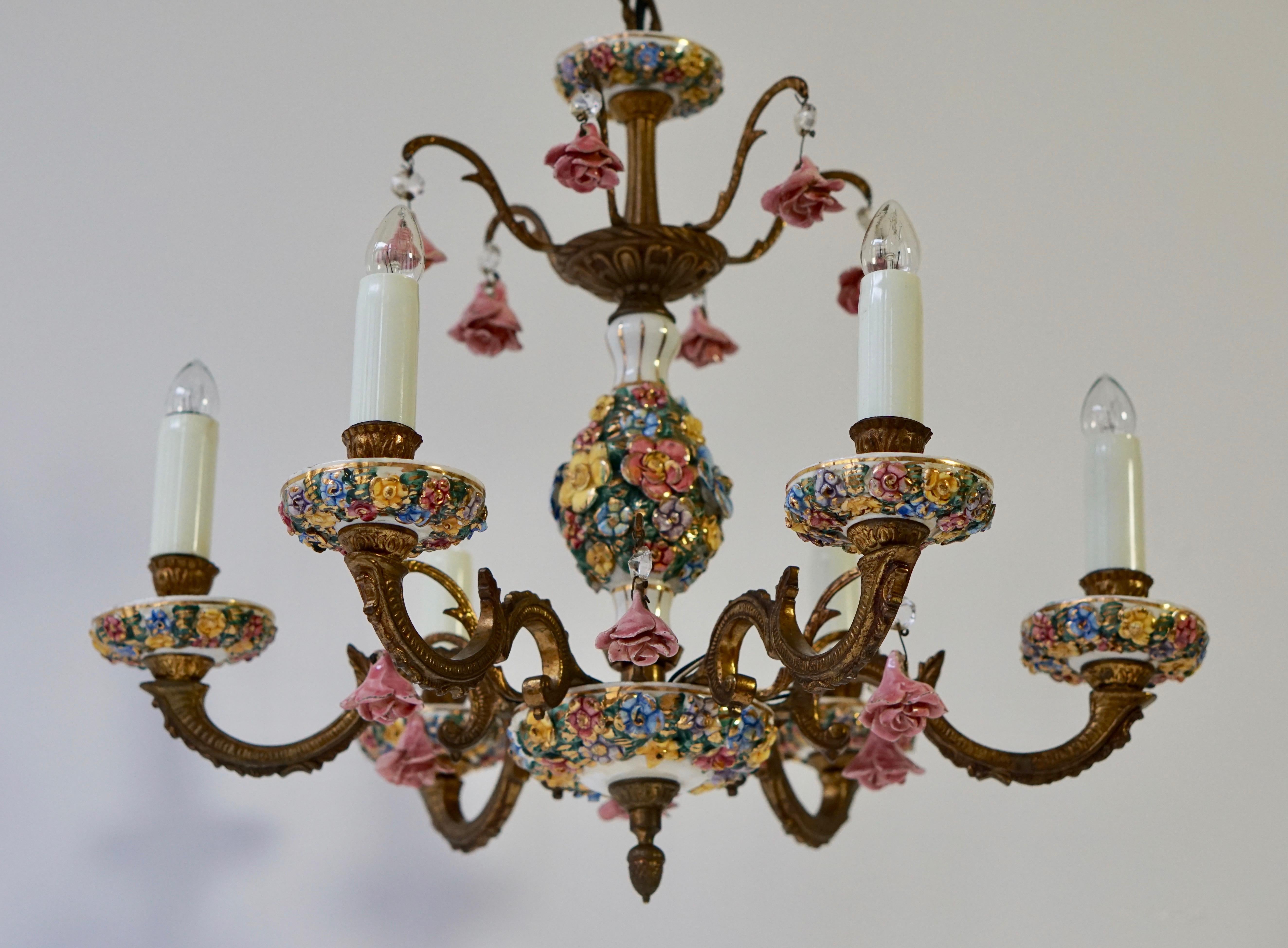 Porcelain and Brass 6-Light Chandelier with Flower Decoration 2