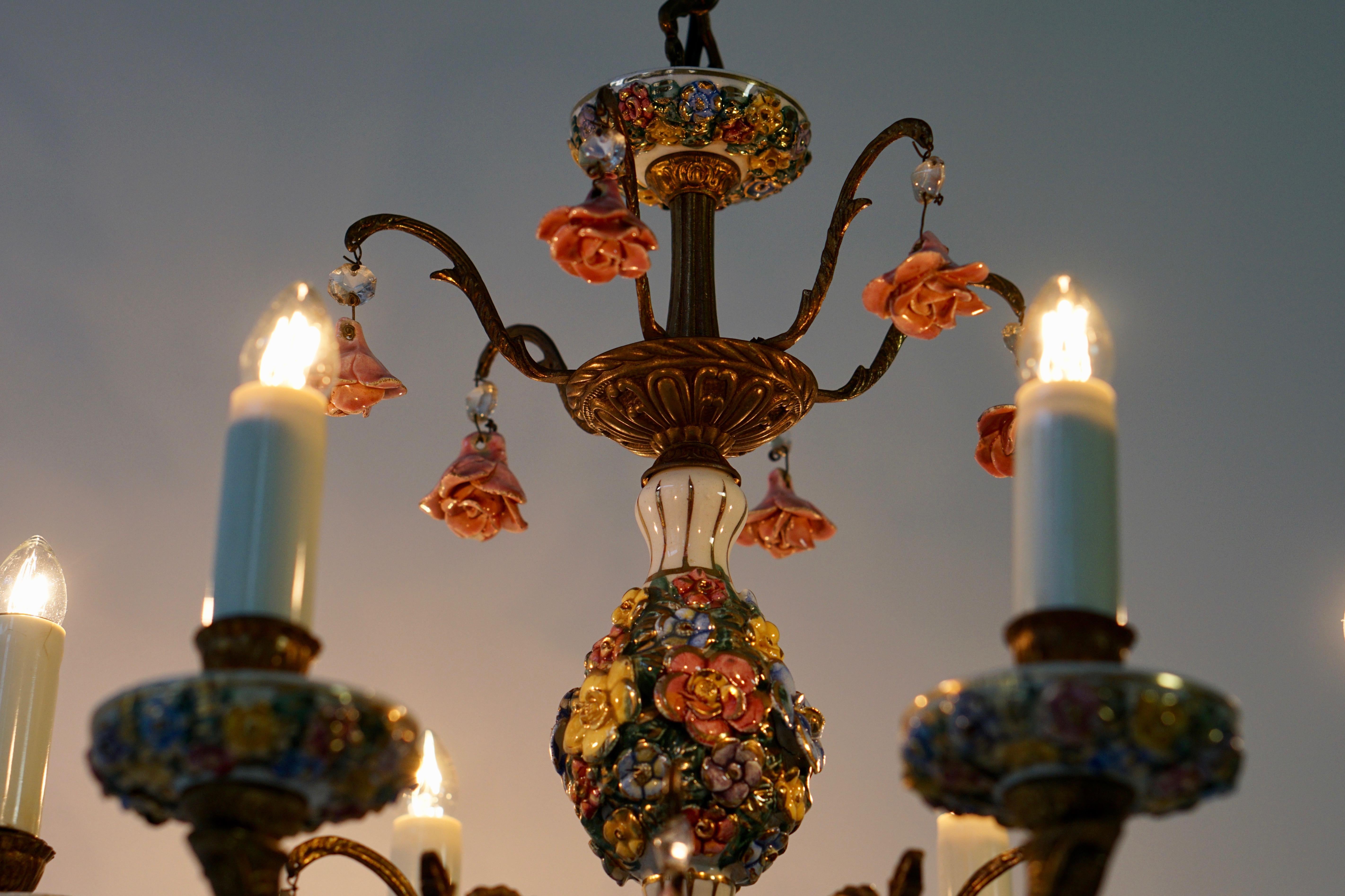 Porcelain and Brass 6-Light Chandelier with Flower Decoration 3