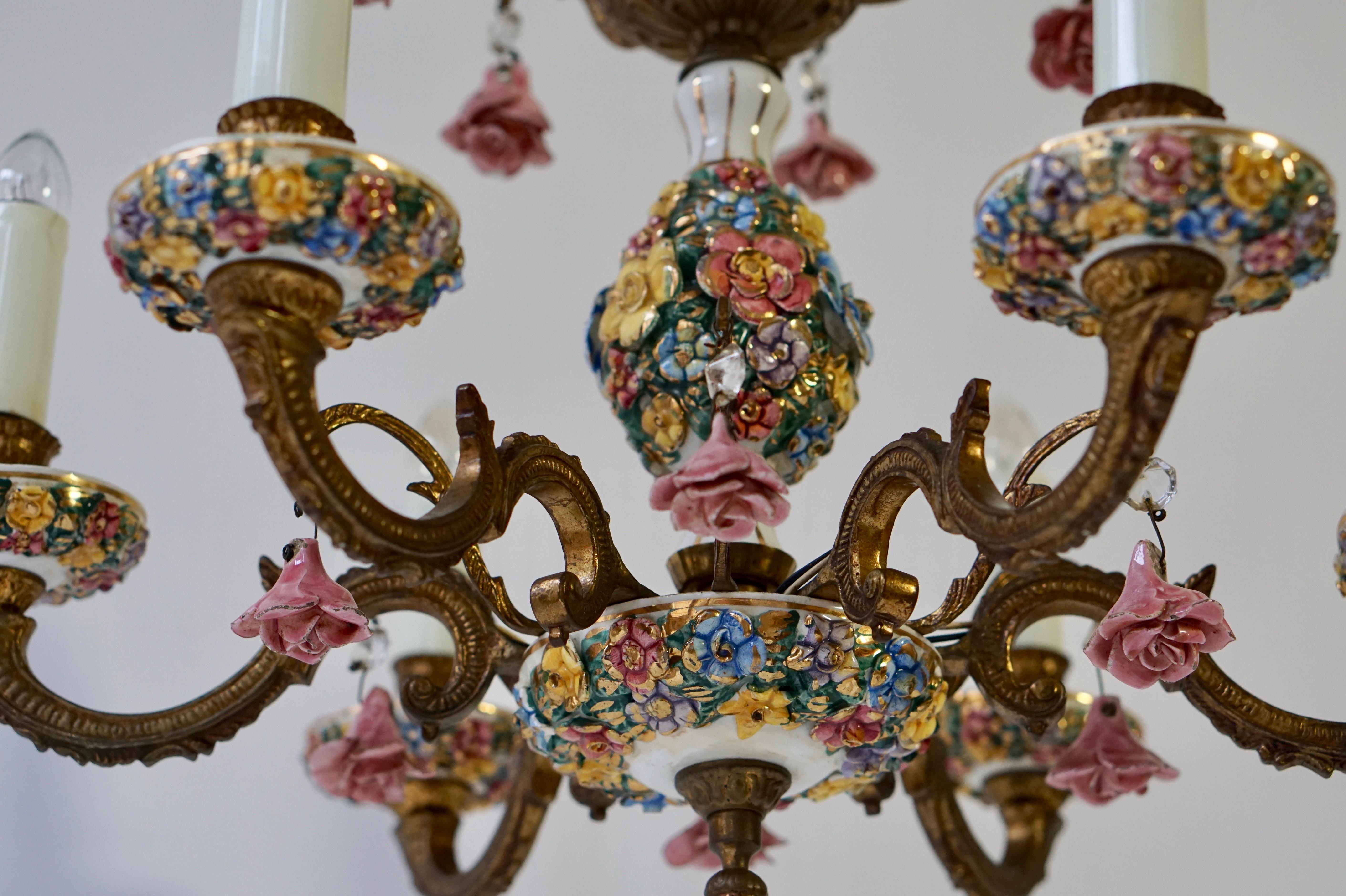 Porcelain and Brass 6-Light Chandelier with Flower Decoration 4