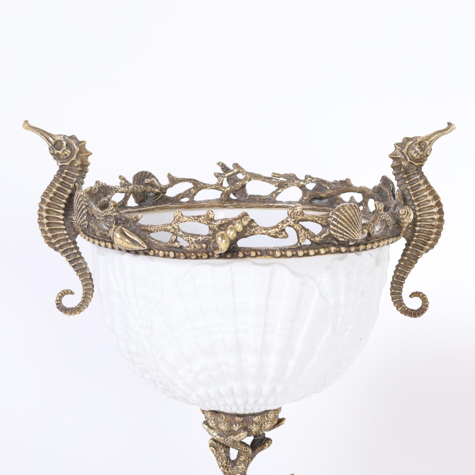 Italian Porcelain and Brass Compote with Seahorses For Sale