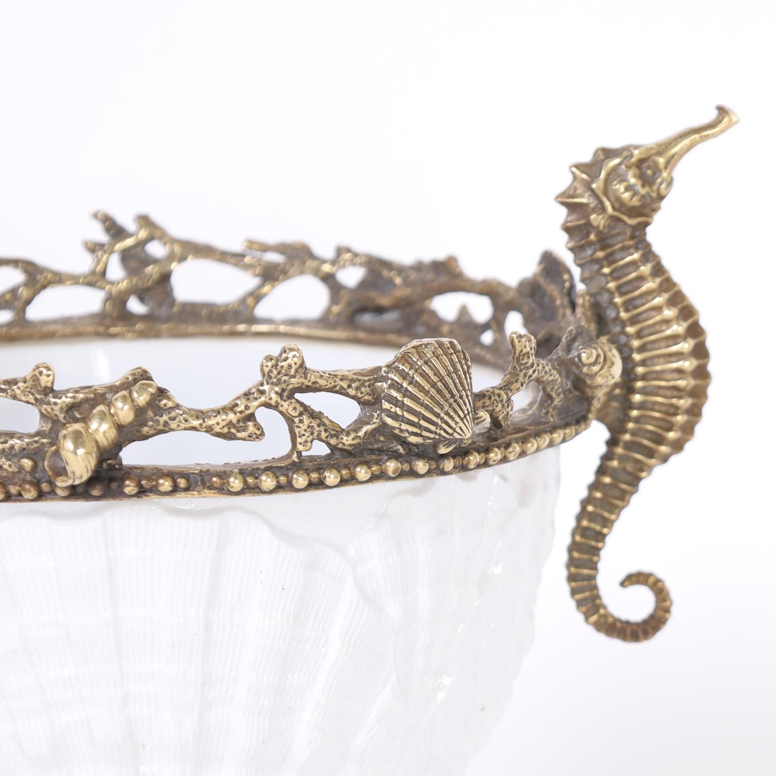 Glazed Porcelain and Brass Compote with Seahorses For Sale
