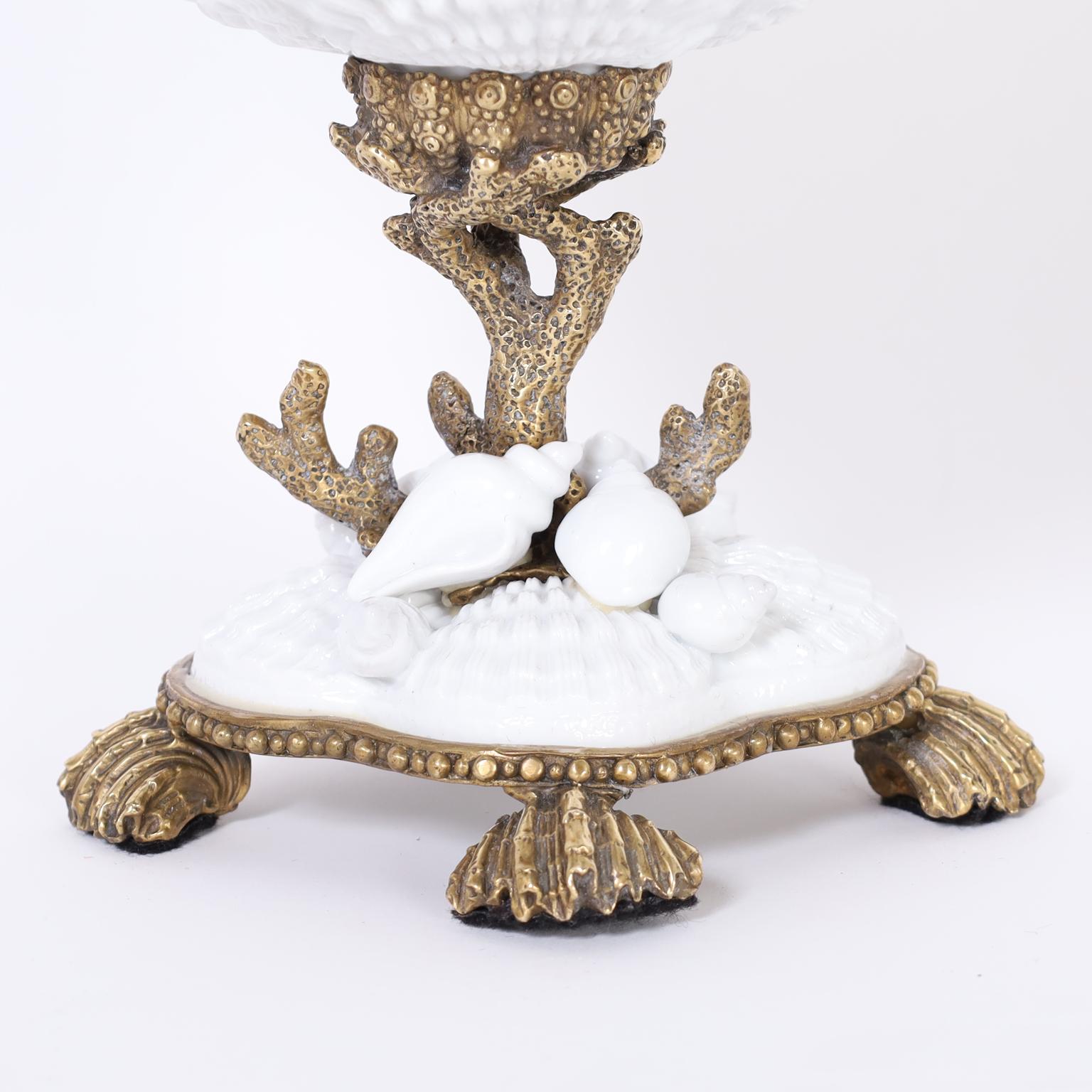 20th Century Porcelain and Brass Compote with Seahorses For Sale