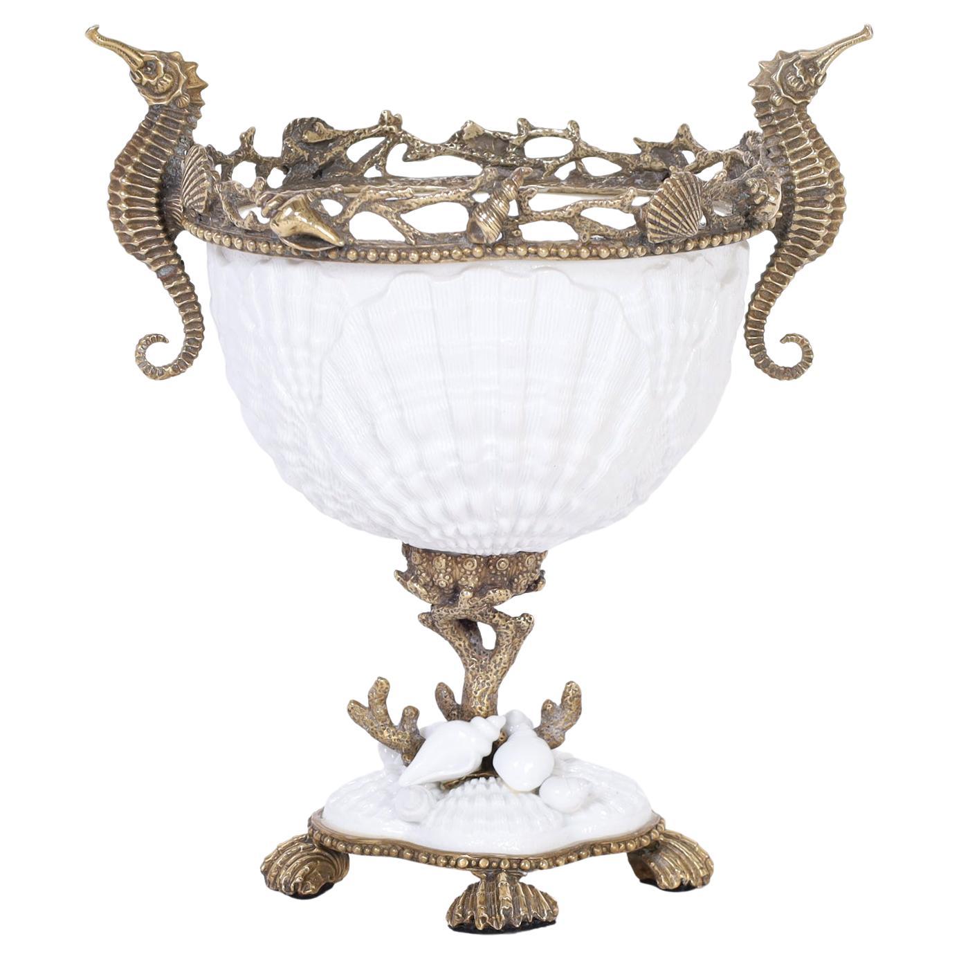Porcelain and Brass Compote with Seahorses For Sale