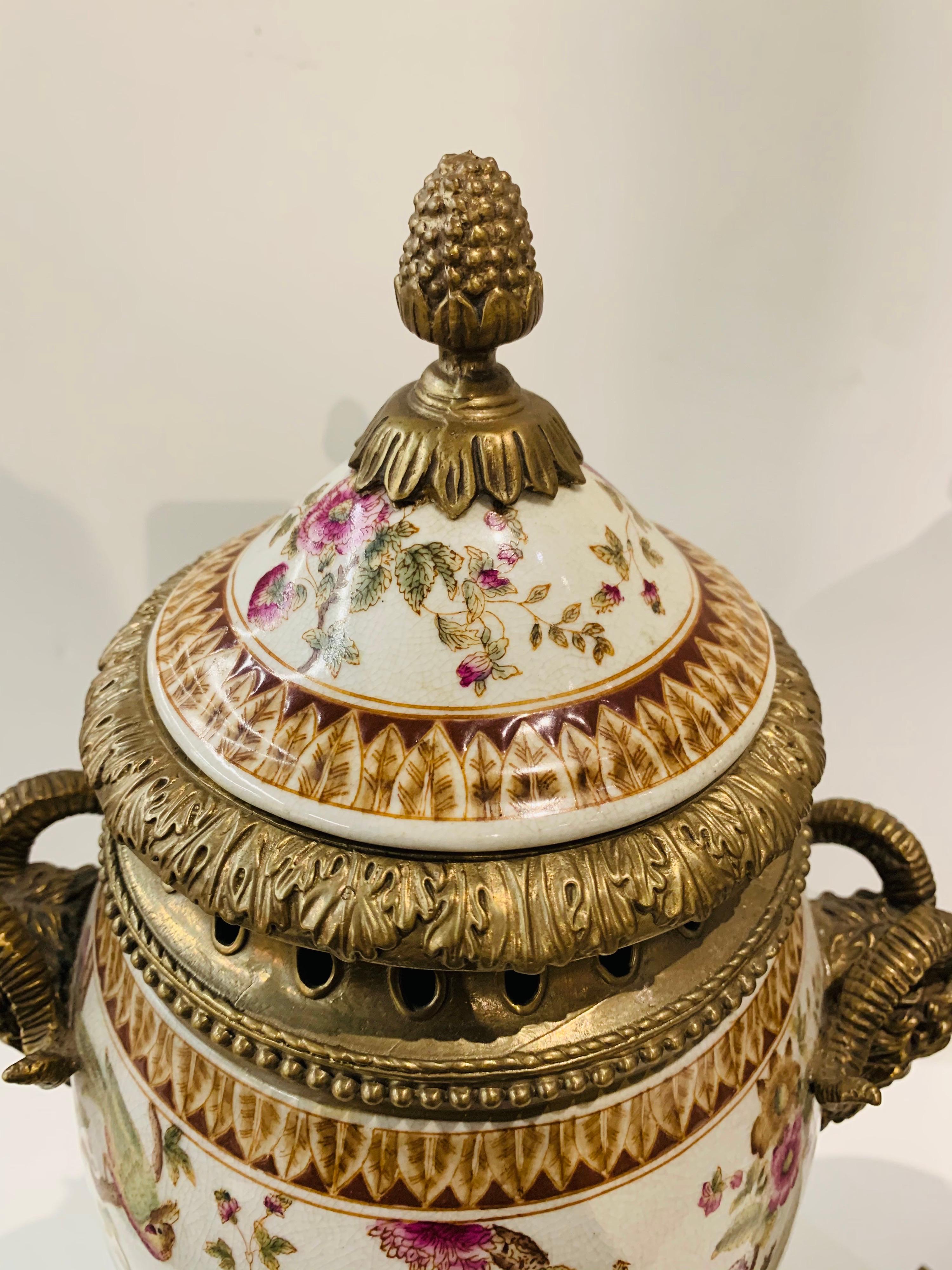 Porcelain and Bronze Covered Urns with Figural Ram’s Head Handles In Excellent Condition In West Hartford, CT