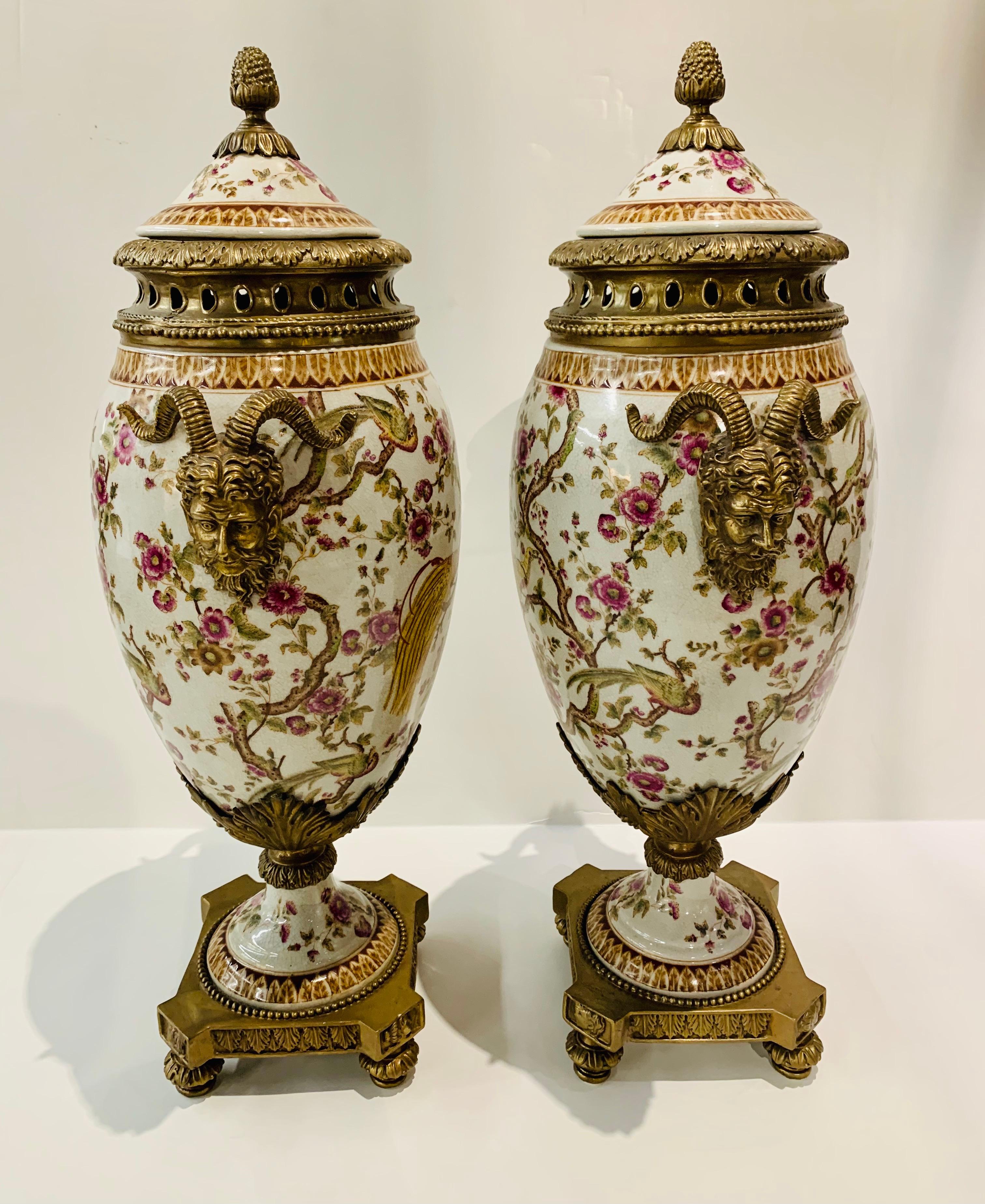 Porcelain and Bronze Covered Urns with Figural Ram’s Head Handles 1