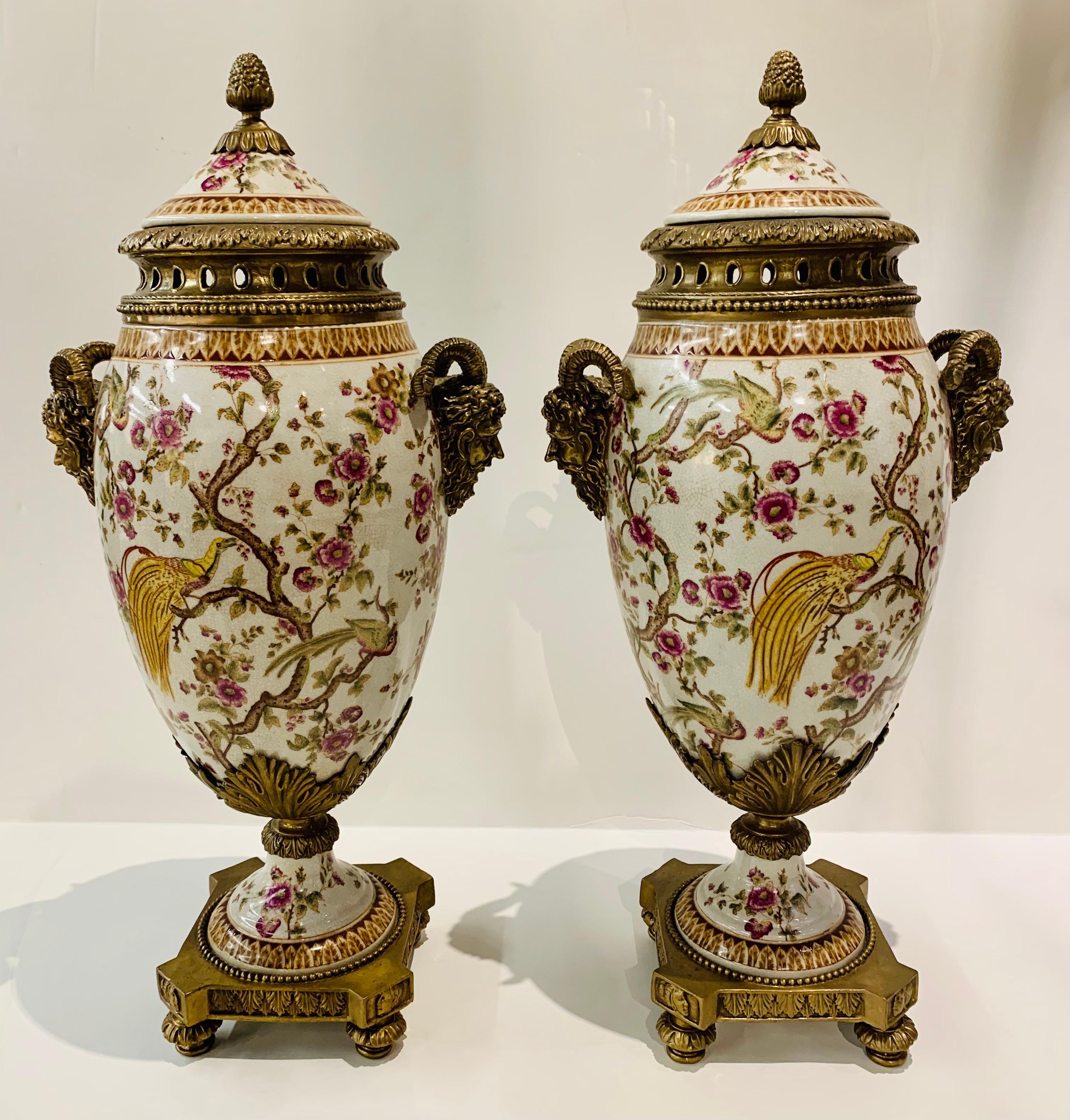 Porcelain and Bronze Covered Urns with Figural Ram’s Head Handles 3