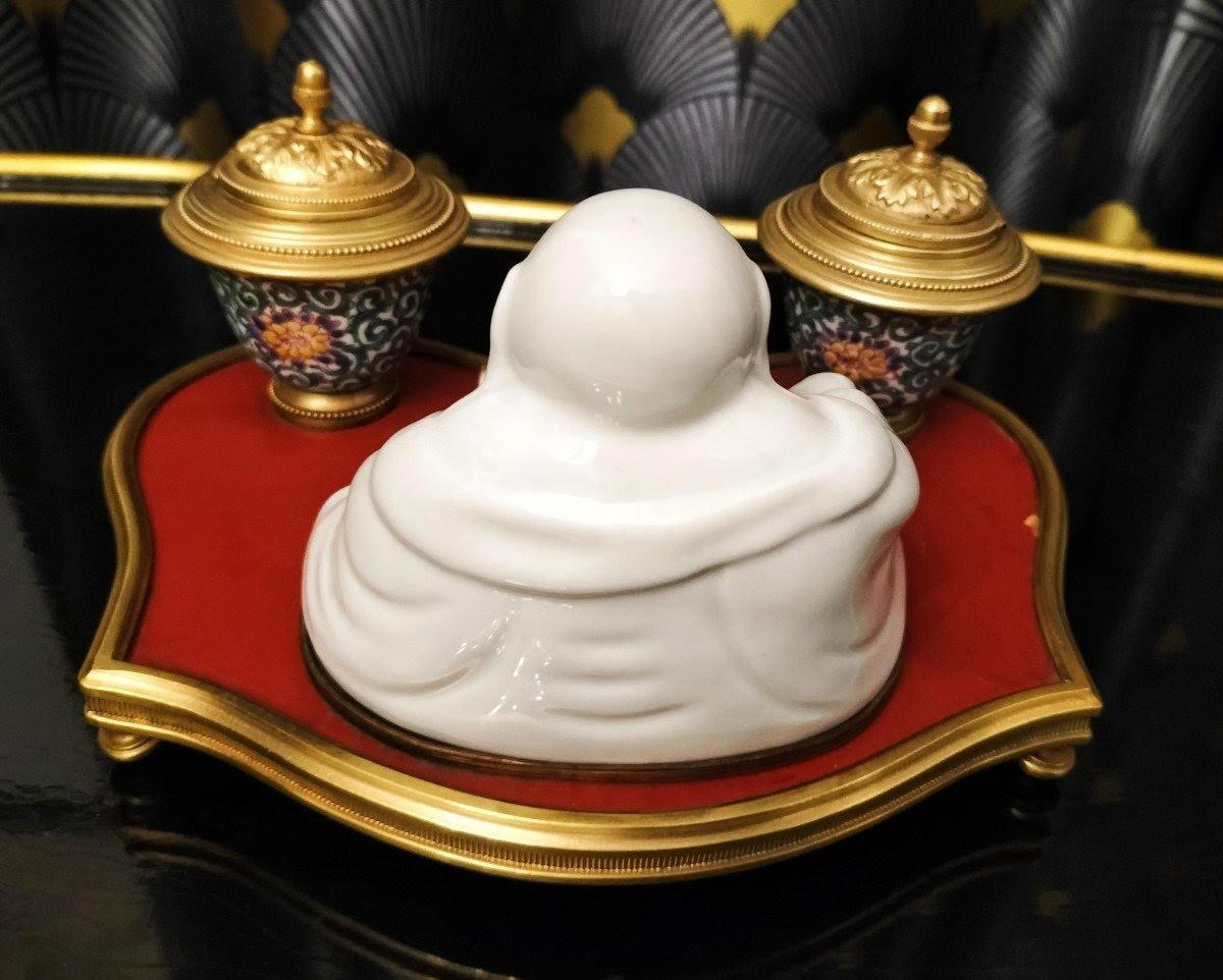 Napoleon III Porcelain and Bronze Inkwell in the Taste of Asian Art. For Sale