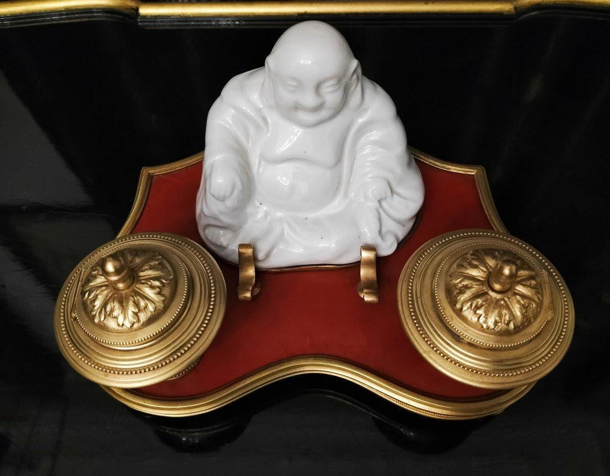 French Porcelain and Bronze Inkwell in the Taste of Asian Art. For Sale