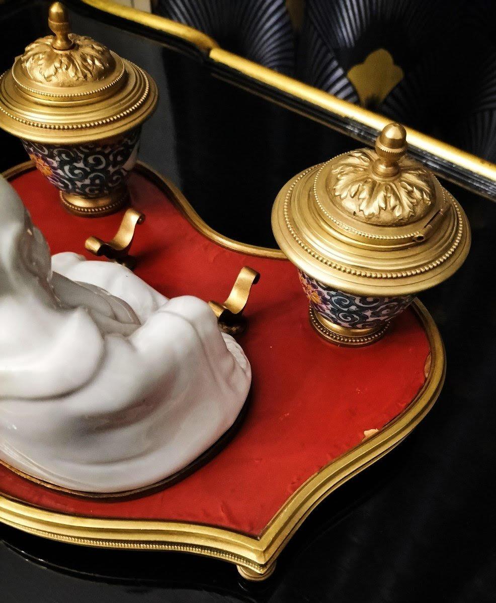 Porcelain and Bronze Inkwell in the Taste of Asian Art. For Sale 1