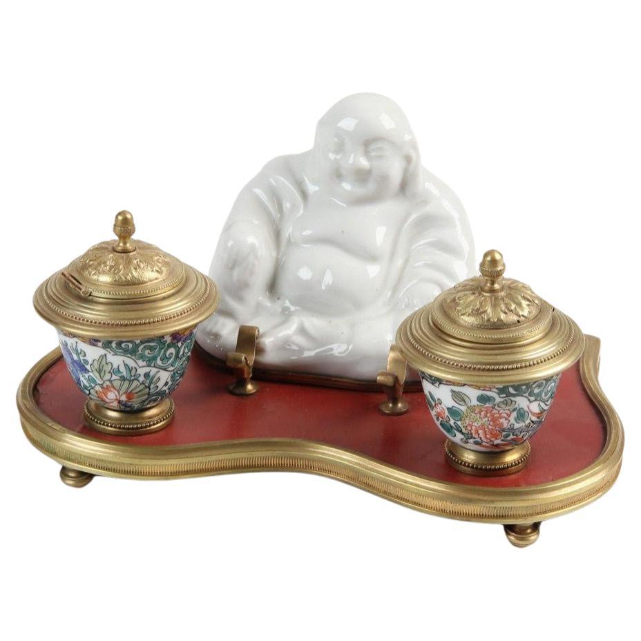 Porcelain and Bronze Inkwell in the Taste of Asian Art. For Sale